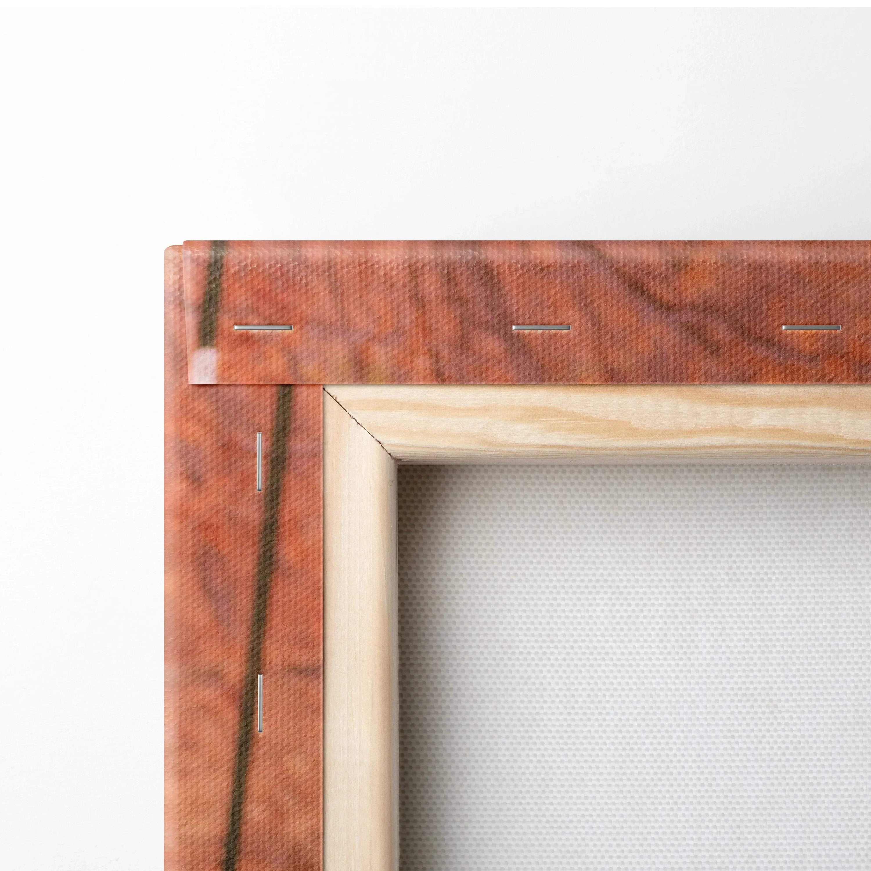 Close-up of wooden frame corner with beige stretched canvas, museum-quality canvas art wall print.