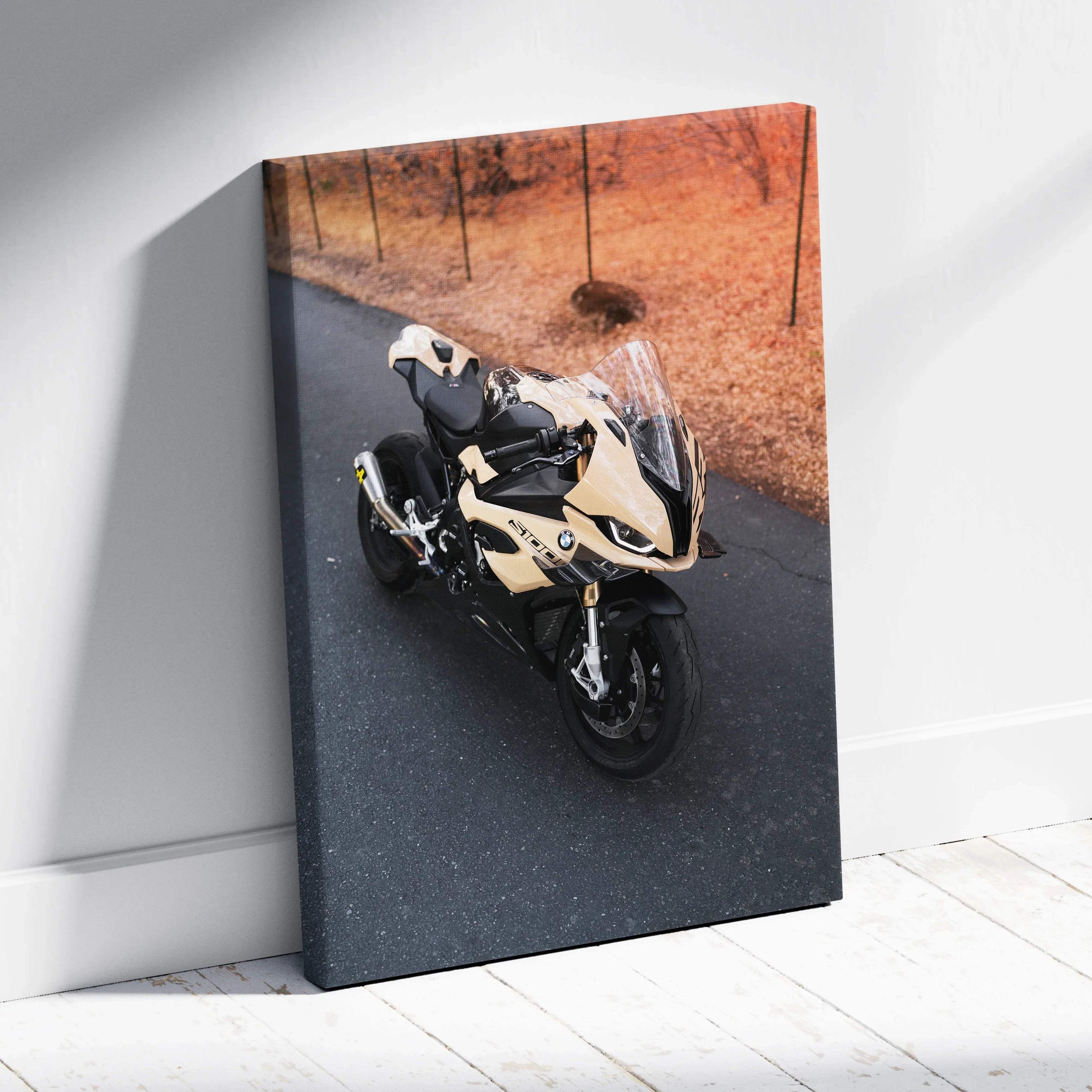 Vertical canvas wall art featuring a BMW S1000RR motorcycle on a road with autumn foliage background.
