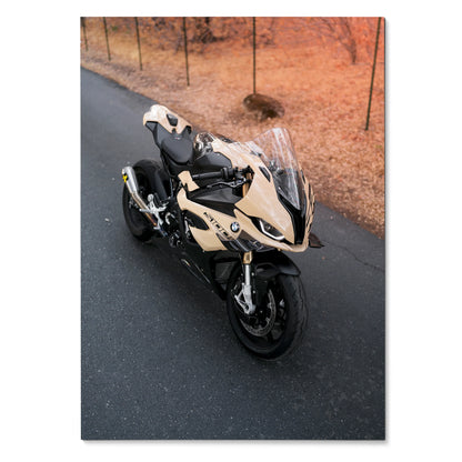 BMW S1000RR motorcycle poster with beige and black design on asphalt road wall art.