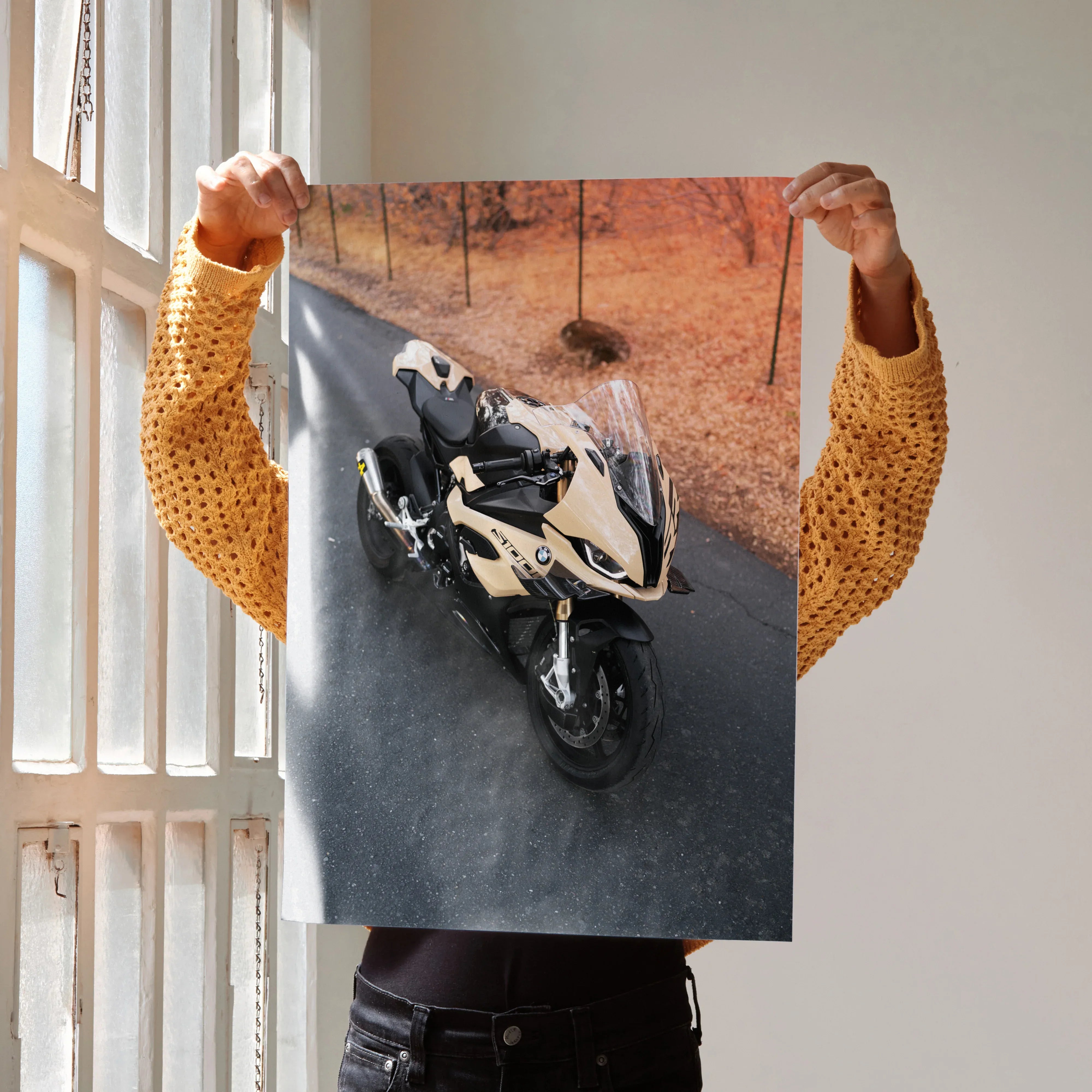 BMW S1000RR motorcycle poster with high-resolution wall art showcasing bike on urban street.