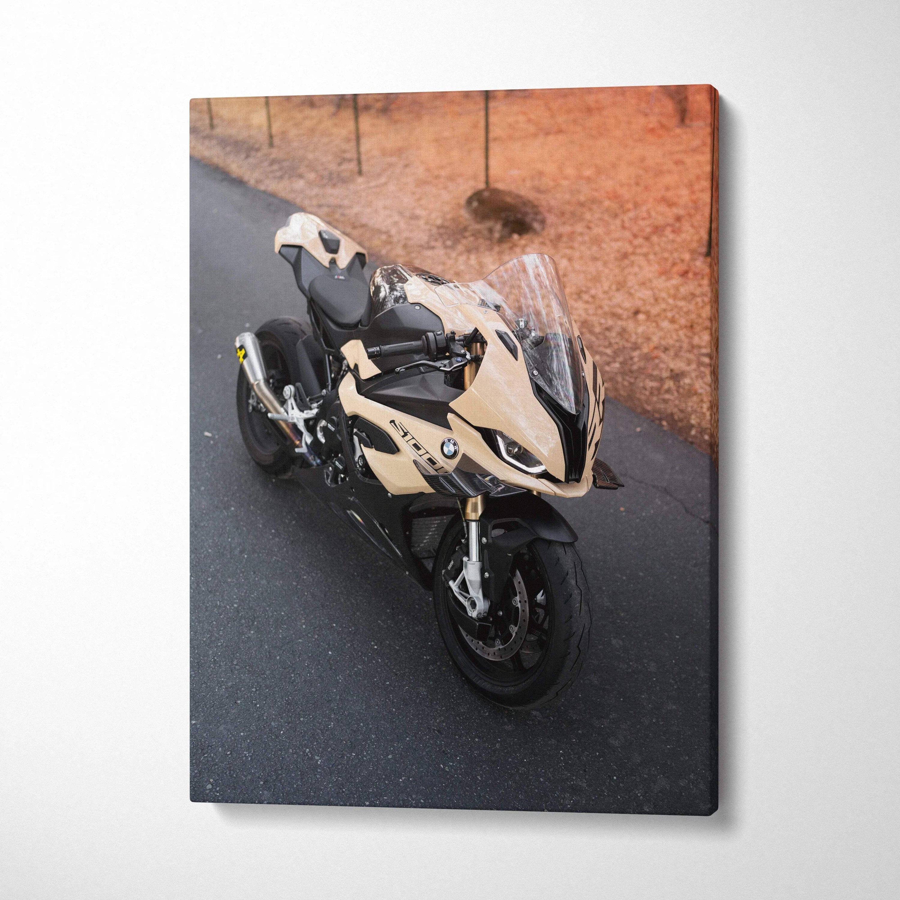 BMW S1000RR motorcycle canvas wall art with beige and black sportbike design, museum-quality vertical canvas art.