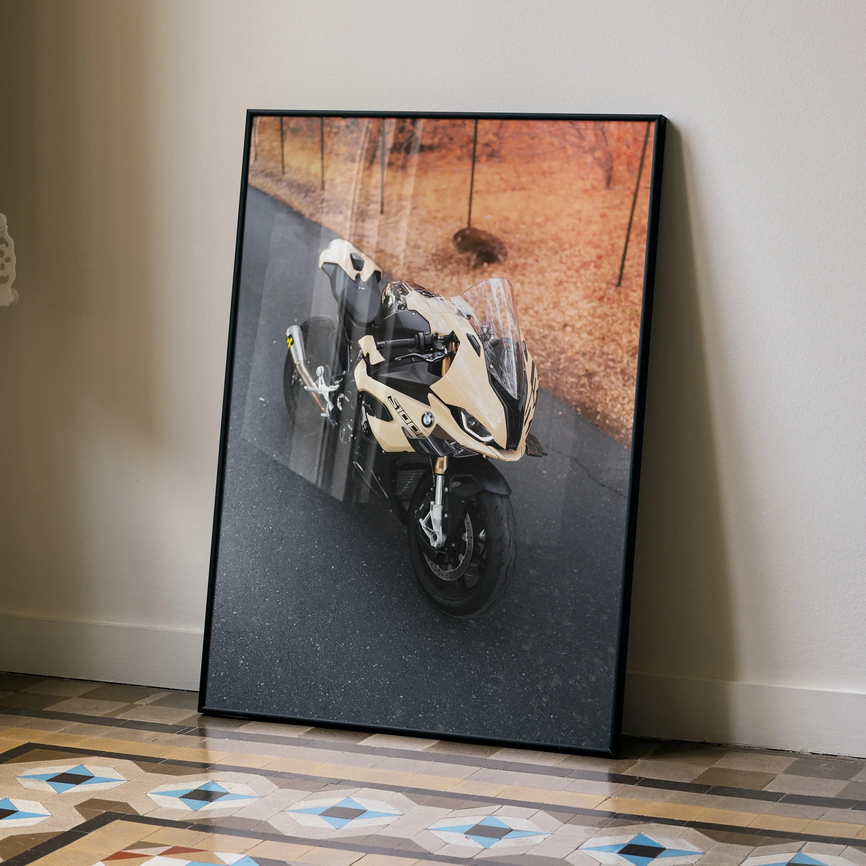 BMW S1000RR motorcycle poster with dynamic angled view, wall art in black frame.