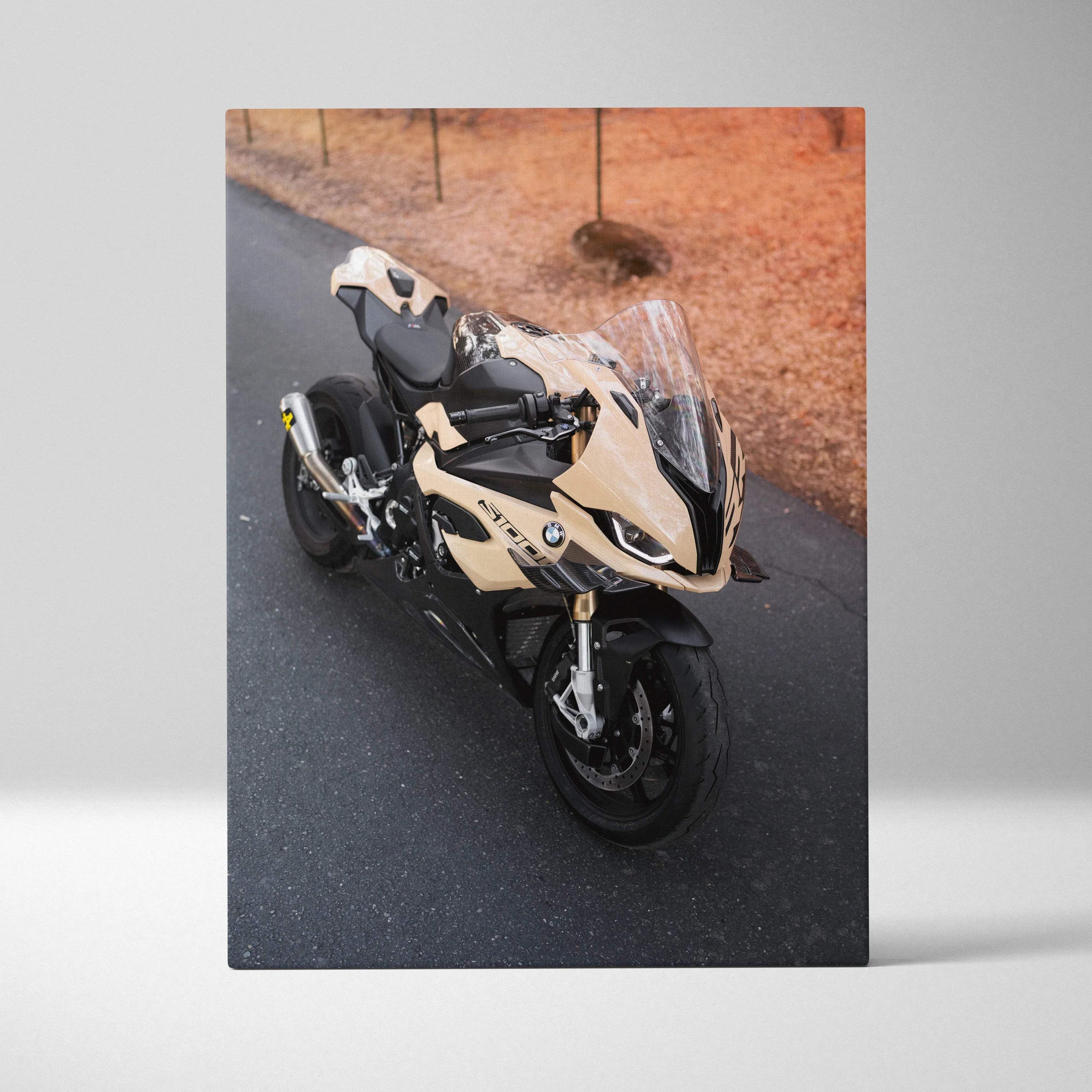 BMW S1000RR motorcycle canvas wall art with beige and black sportbike detailed in high-resolution vertical canvas art.