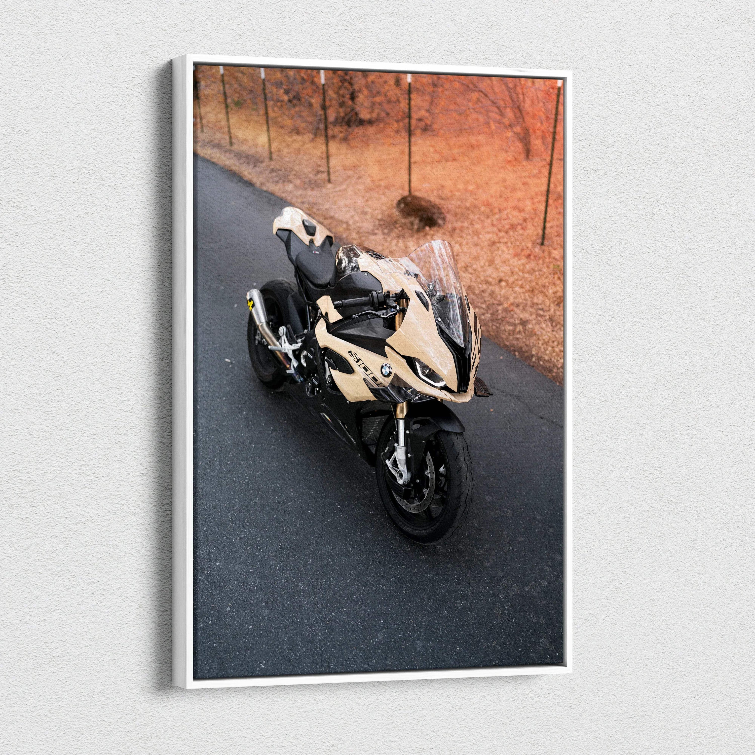 BMW S1000RR motorcycle canvas art mounted on wall with autumn road background in vertical format.