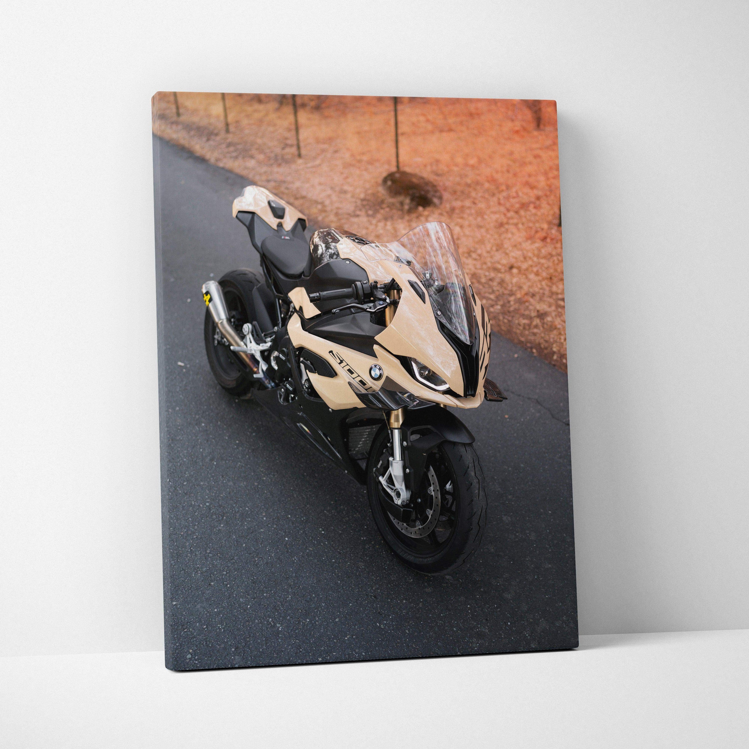 BMW S1000RR motorcycle canvas art with beige and black bike on asphalt road wall art.
