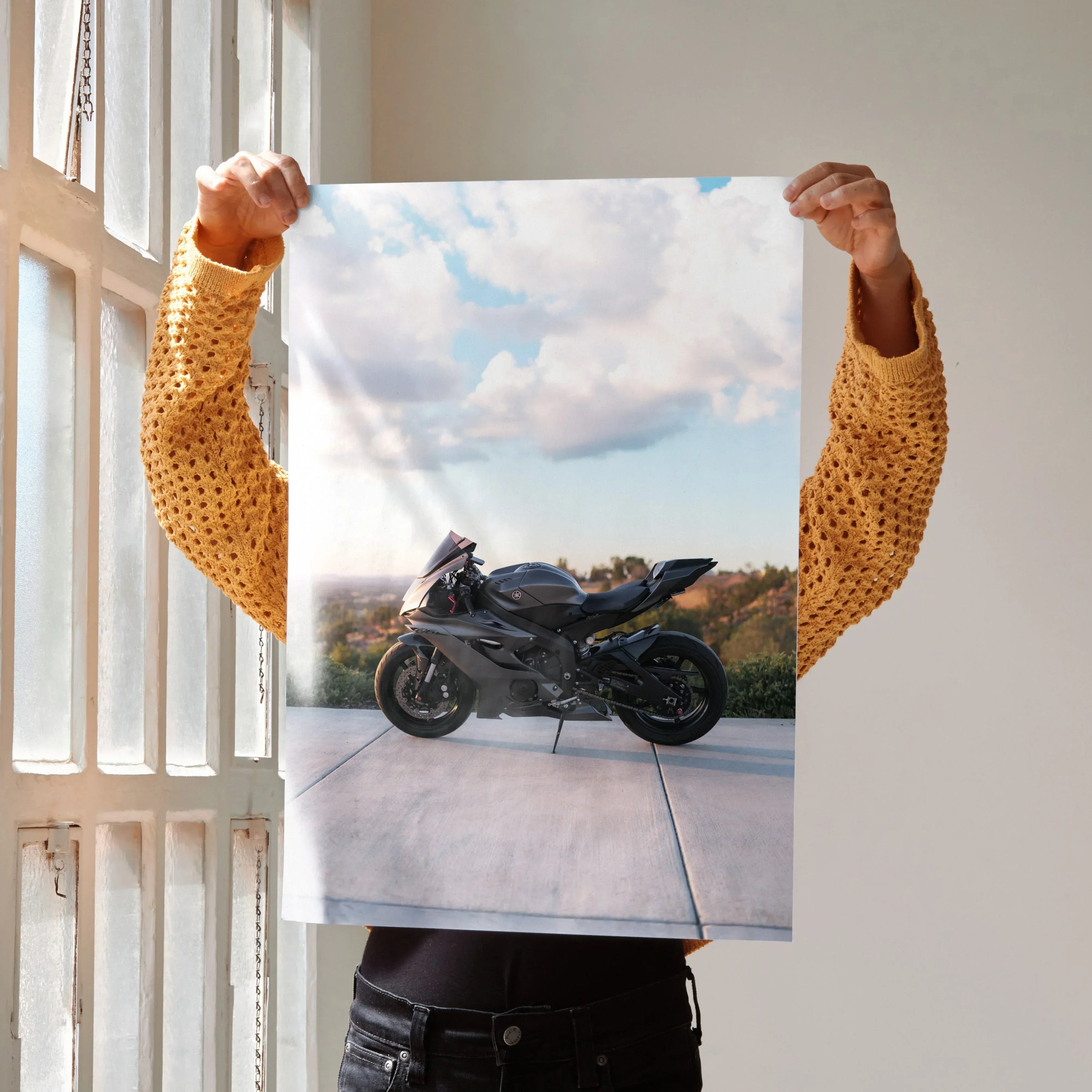 Yamaha R6 motorcycle poster wall art with blue sky and open road background.