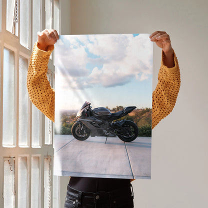 Yamaha R6 motorcycle poster wall art with blue sky and open road background.