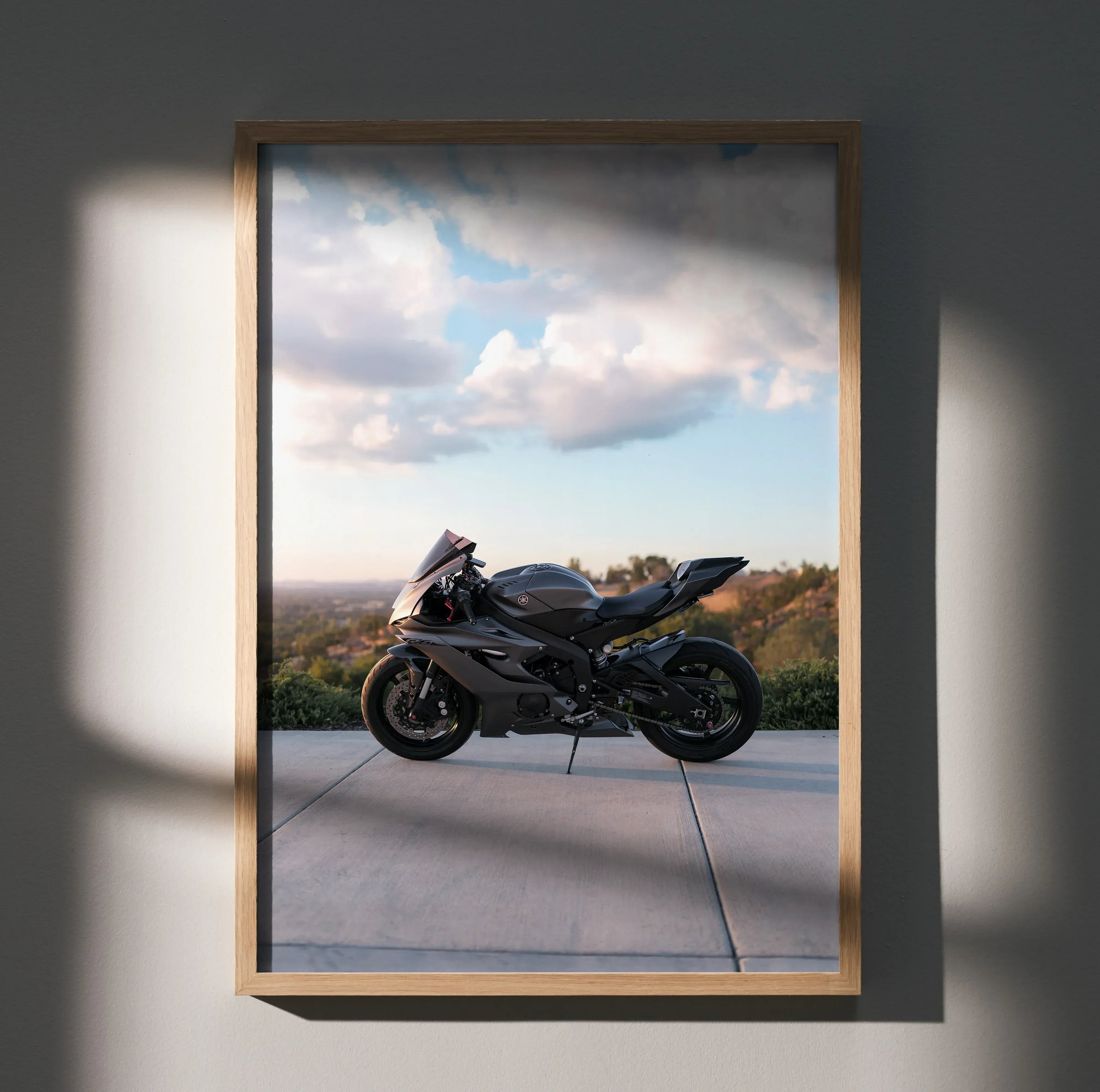 Yamaha R6 motorcycle poster wall art with scenic sky background in wooden frame.