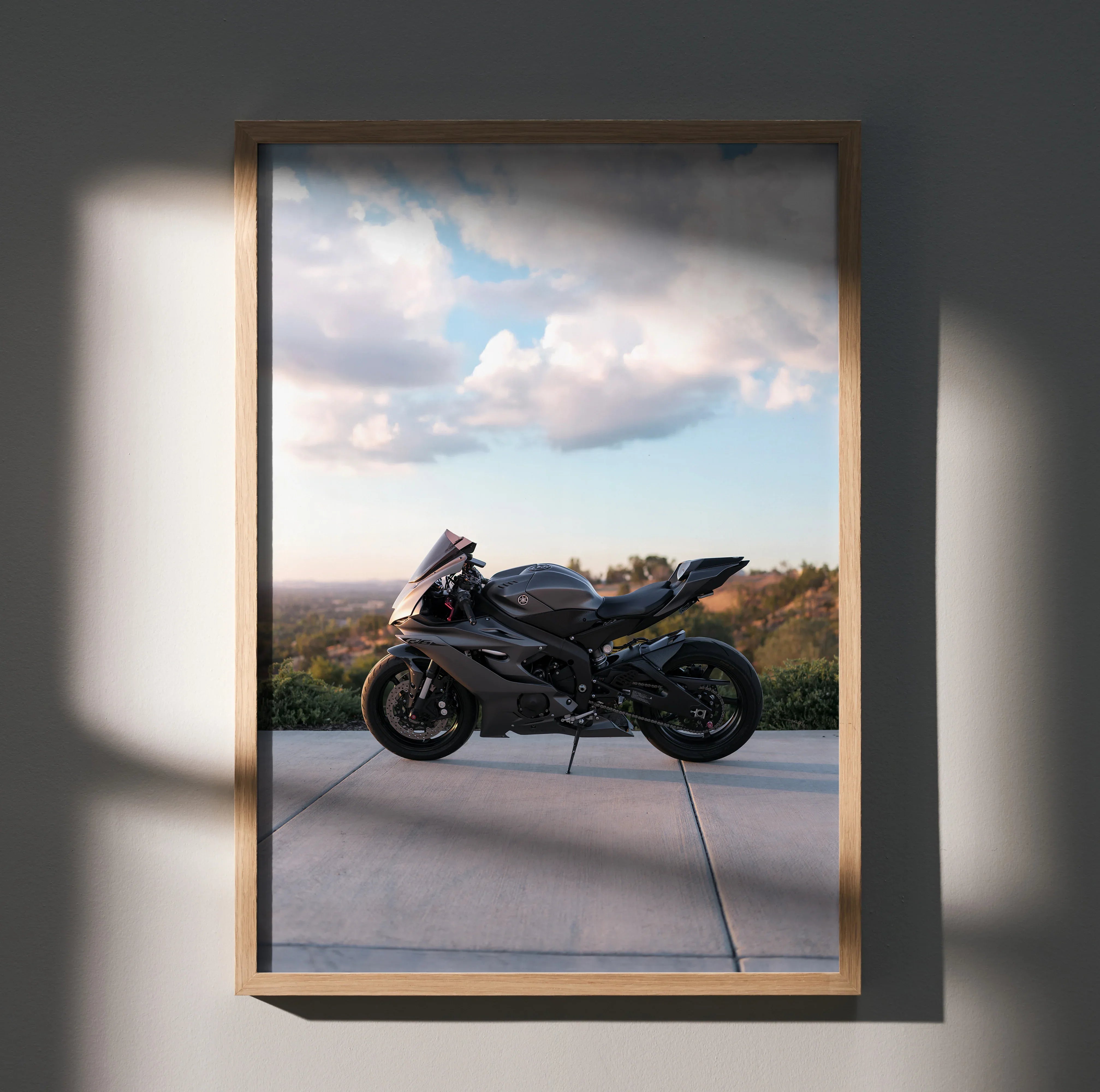 Yamaha R6 motorcycle poster wall art with scenic sky background in wooden frame.