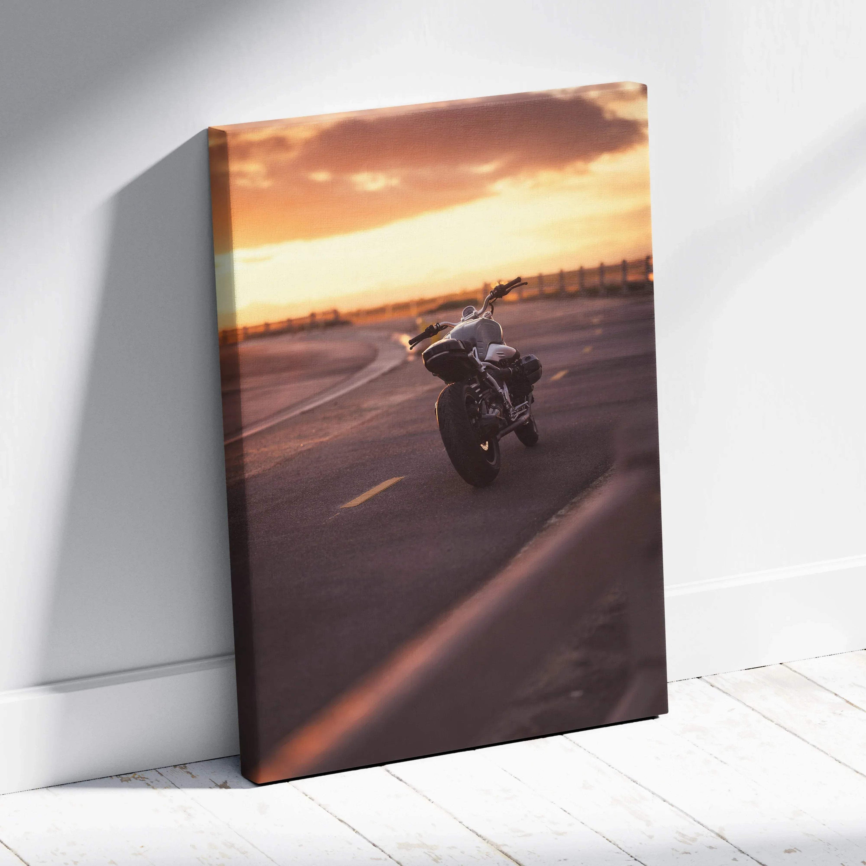BMW R Nine T motorcycle on road at sunset canvas wall art vertical print.