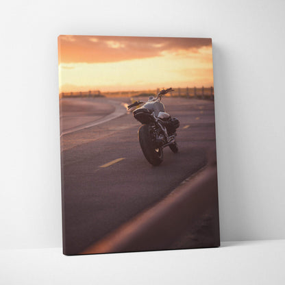 BMW R Nine T motorcycle canvas wall art with sunset background and warm tones.