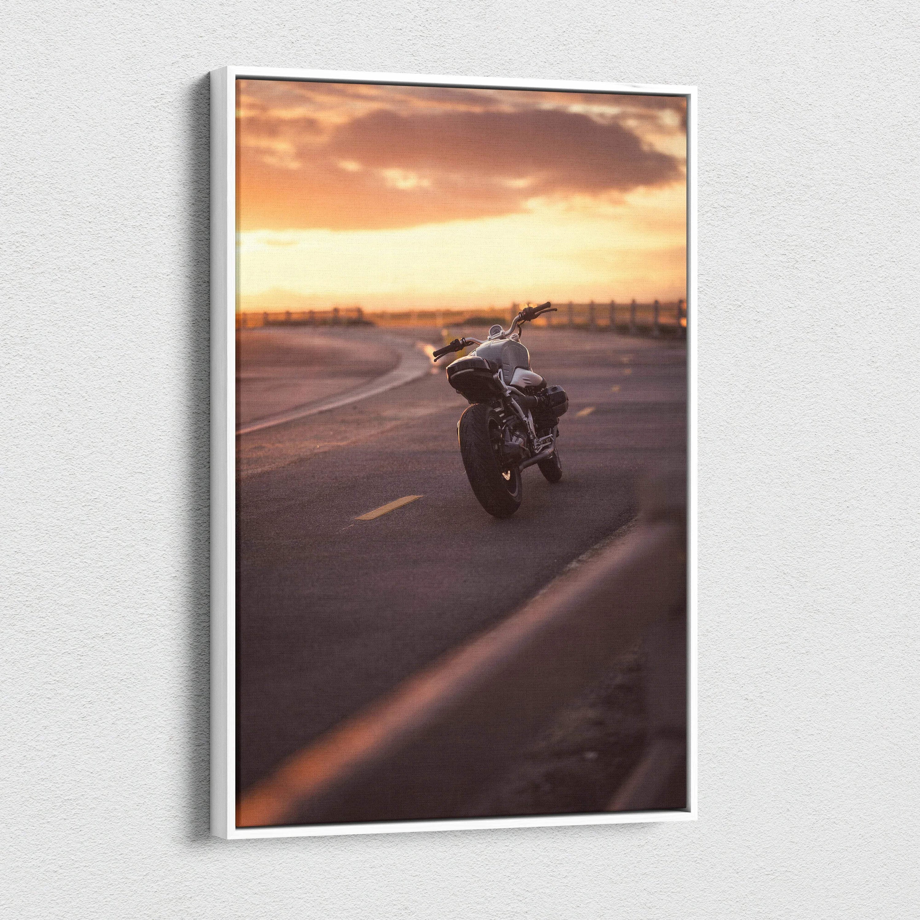 BMW R Nine T motorcycle sunset canvas wall art with warm sky and road details.
