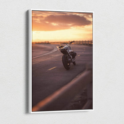 BMW R Nine T motorcycle sunset canvas wall art with warm sky and road details.