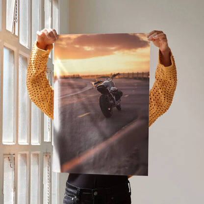 BMW R Nine T motorcycle poster with sunset background, stylish wall art for decor.