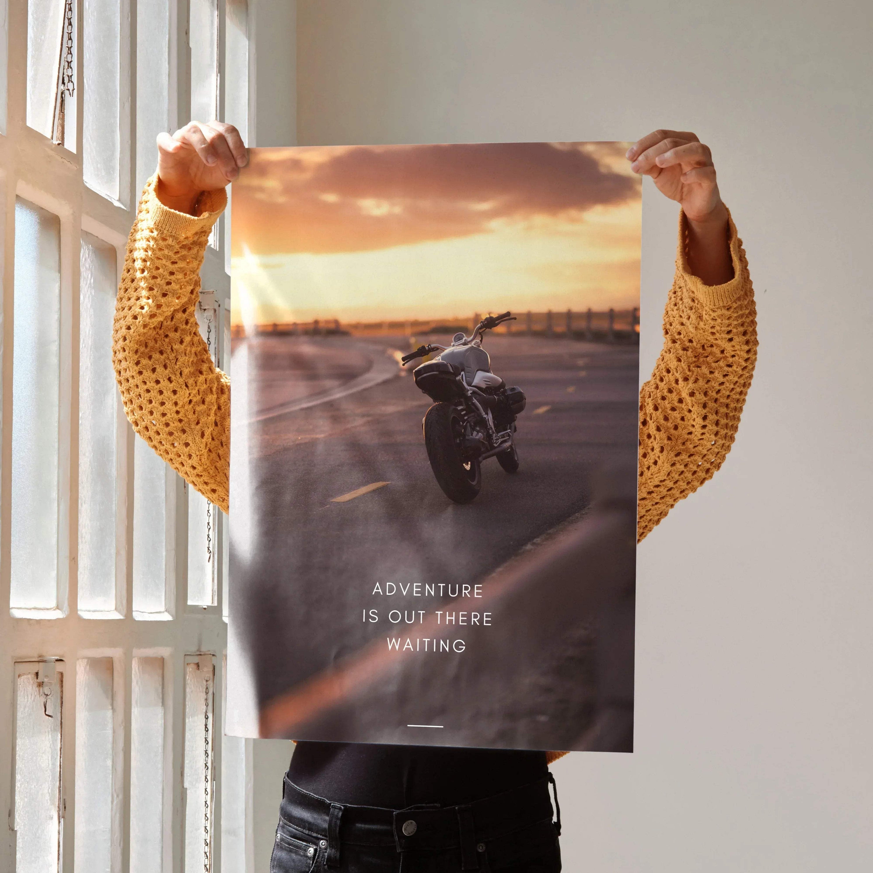 Motivational wall art poster featuring BMW R Nine T motorcycle on open road at sunset with inspiring text.