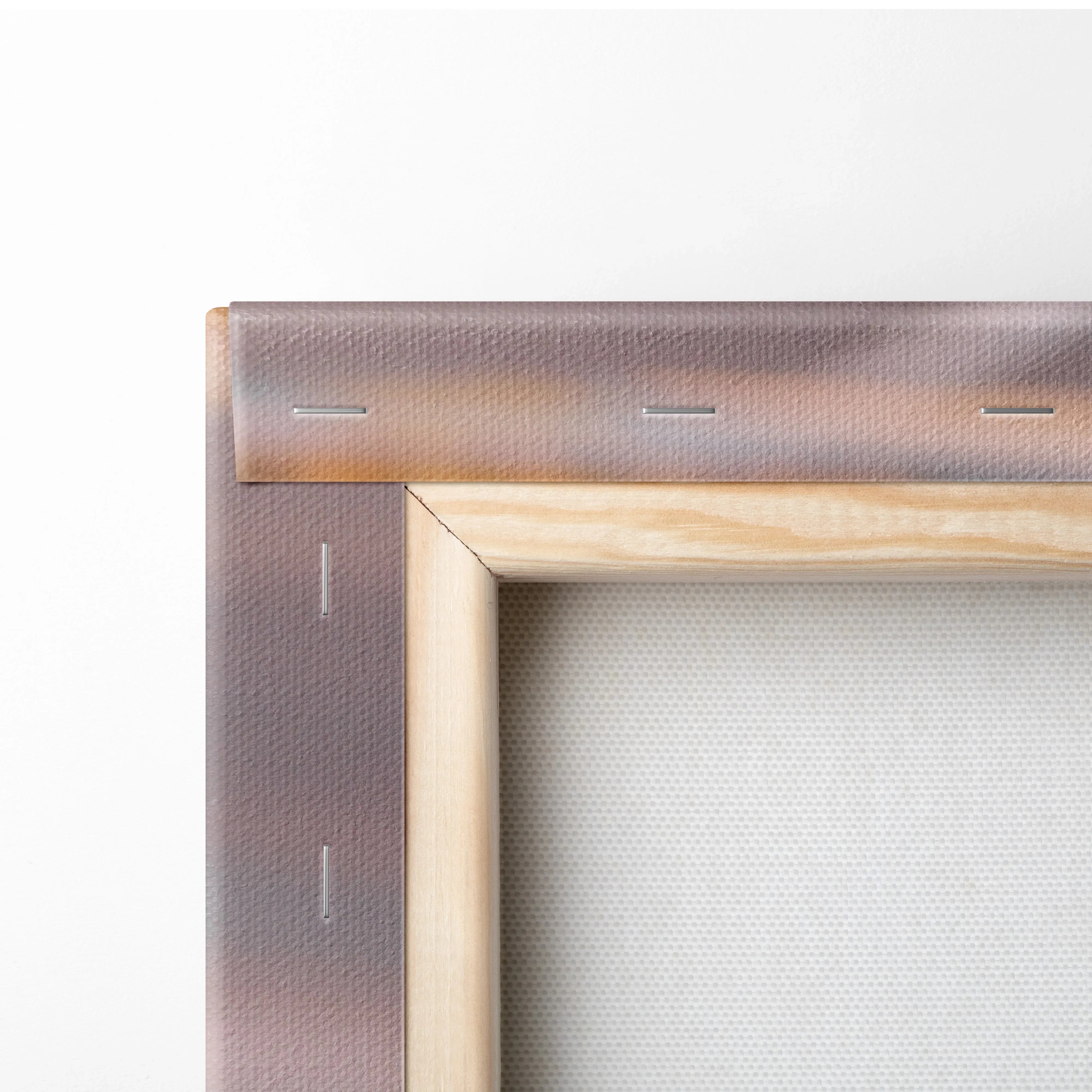 Close-up of wooden frame corner and canvas texture on vertical Yamaha R6 motorcycle wall art canvas print.