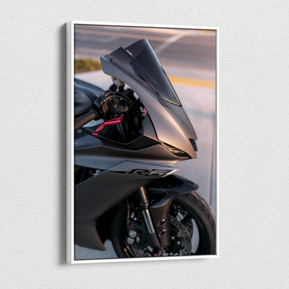 Yamaha R6 motorcycle close-up canvas art with sleek black fairing and detailed front wheel wall art.