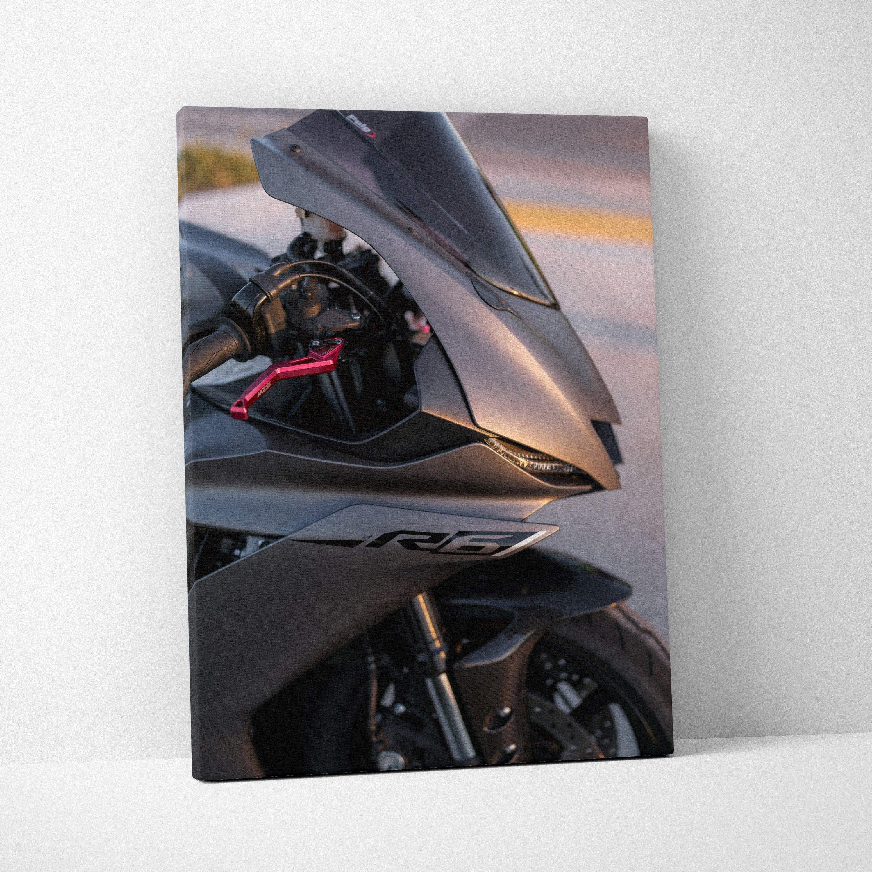 Yamaha R6 motorcycle close-up on sleek gray canvas wall art with vertical orientation and glossy finish.