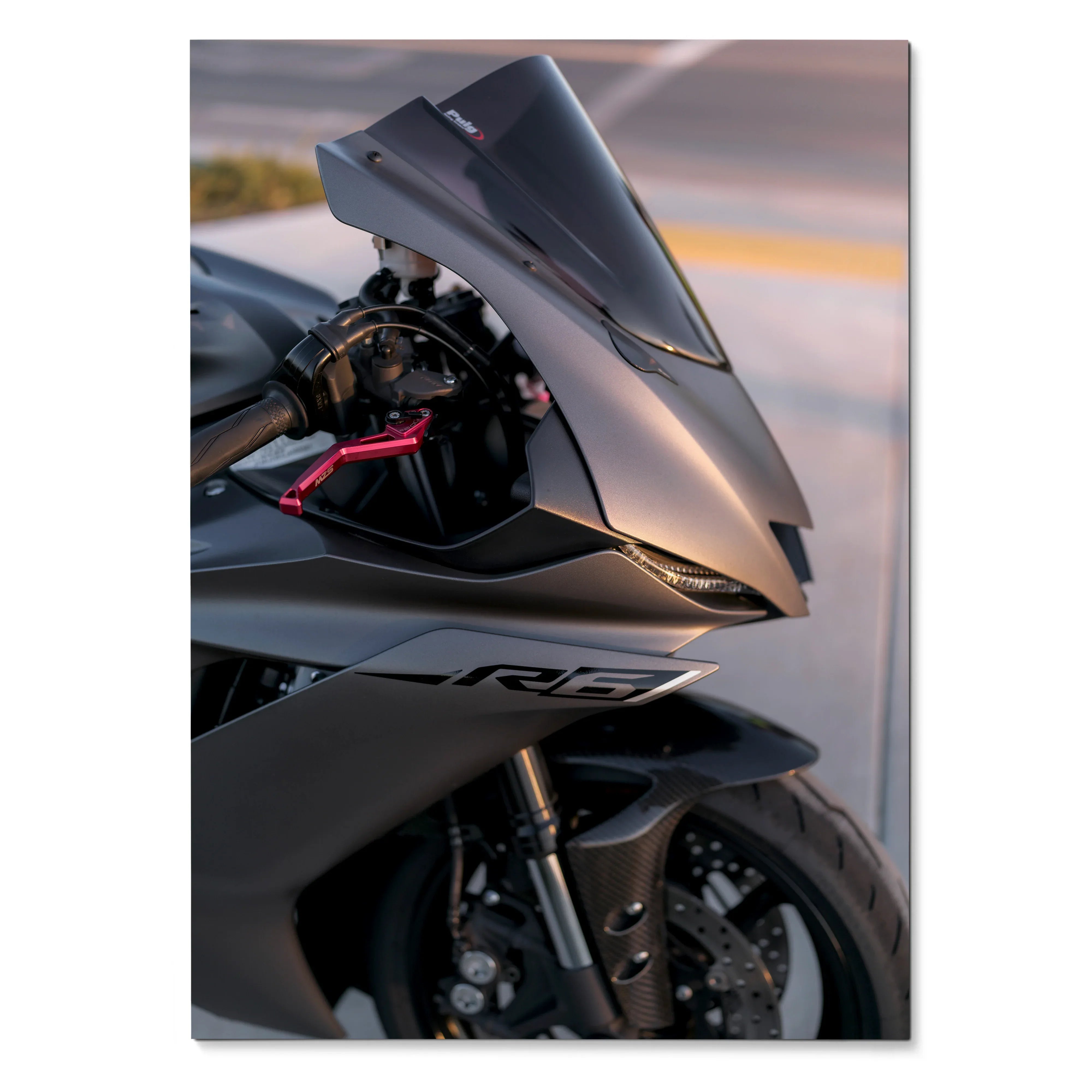 Yamaha R6 motorcycle close-up poster with sleek black fairing and tinted windshield wall art.