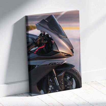 Yamaha R6 motorcycle close-up canvas art showing sleek black front fairing and wheel, vertical wall art canvas.
