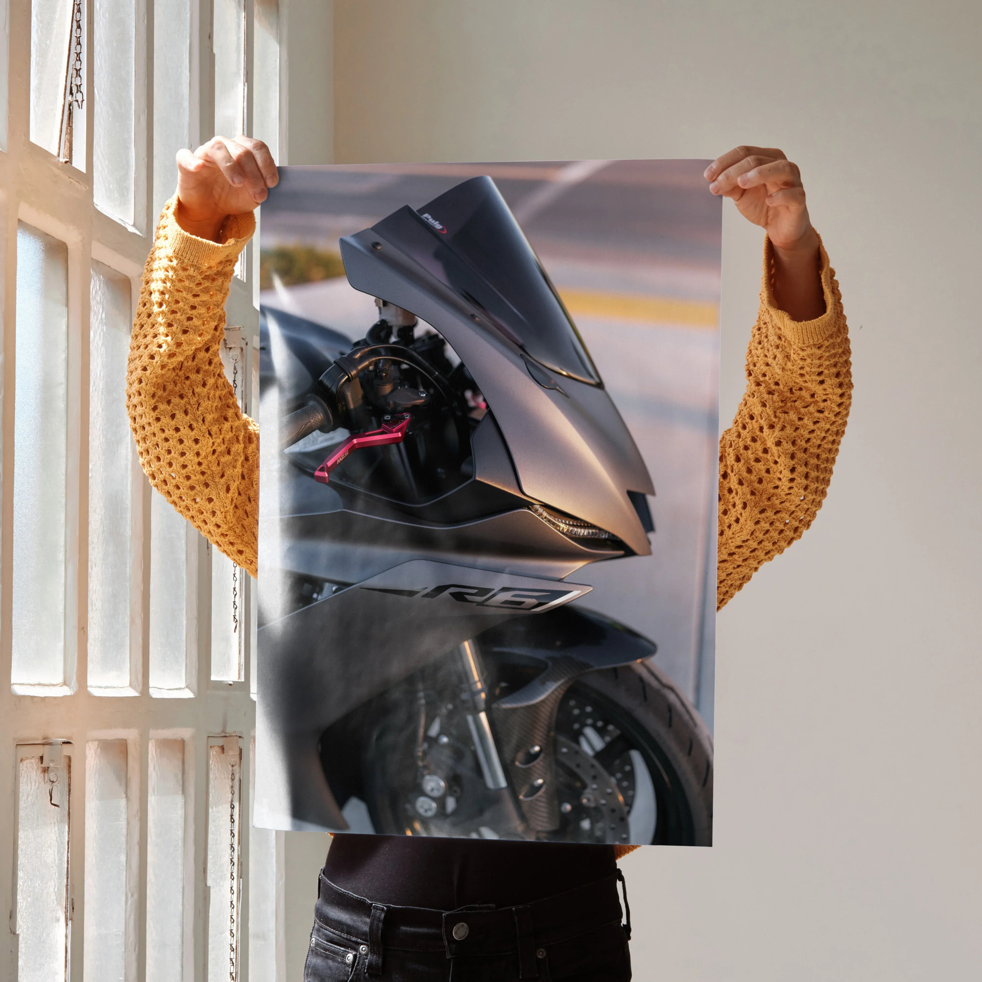 Yamaha R6 motorcycle close-up poster showing front fairing and wheel, sleek wall art.