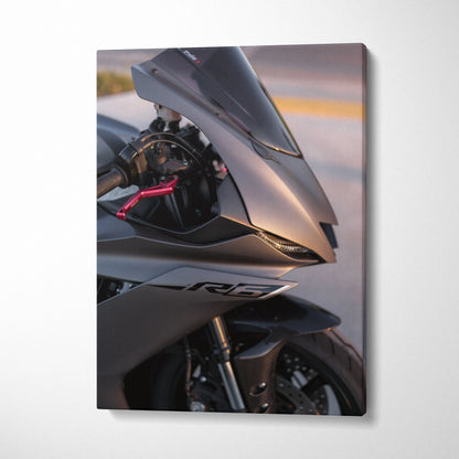 Yamaha R6 motorcycle close-up on sleek gray canvas wall art, vertical high-resolution print.