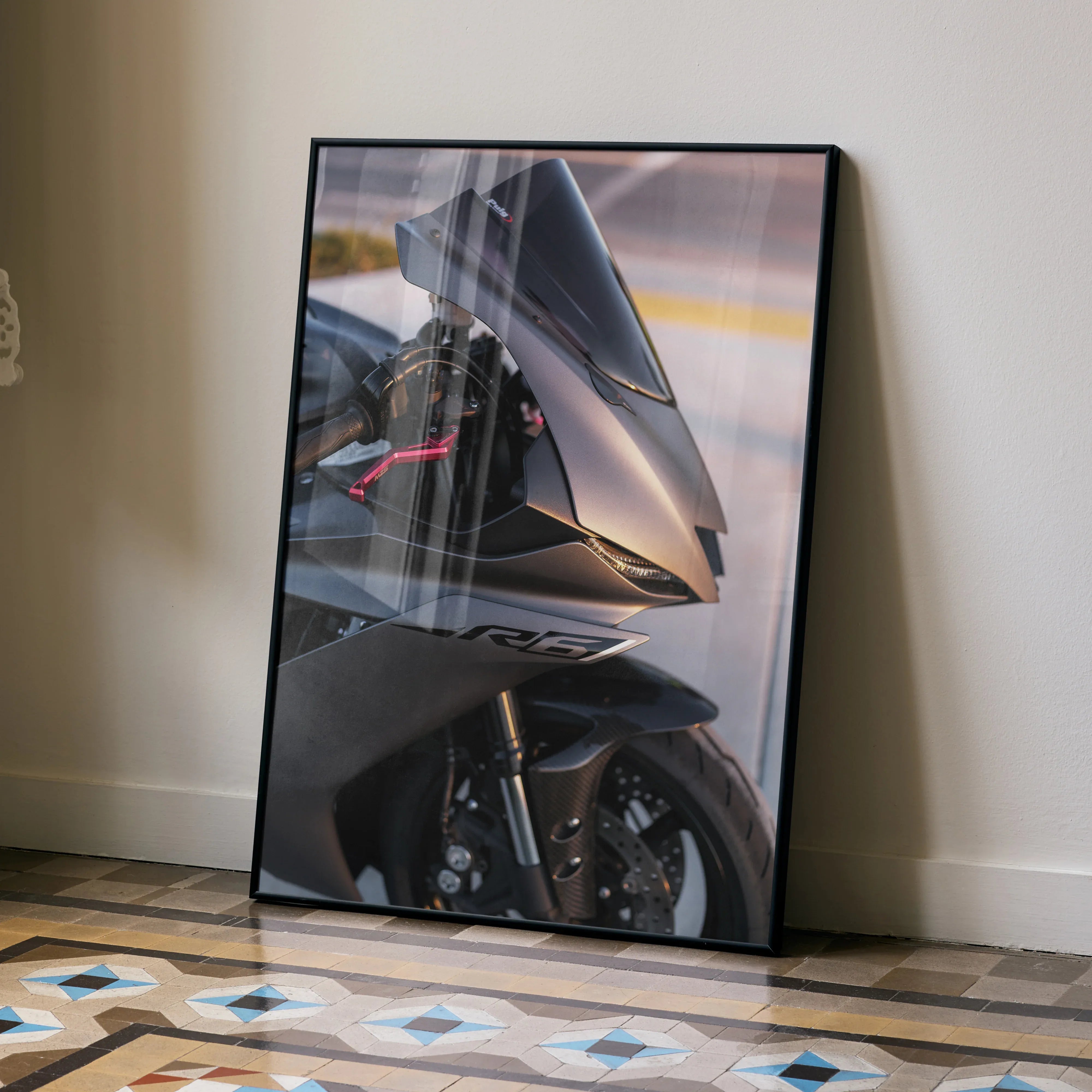 Yamaha R6 motorcycle close-up poster with sleek black fairing, modern wall art in a black frame.