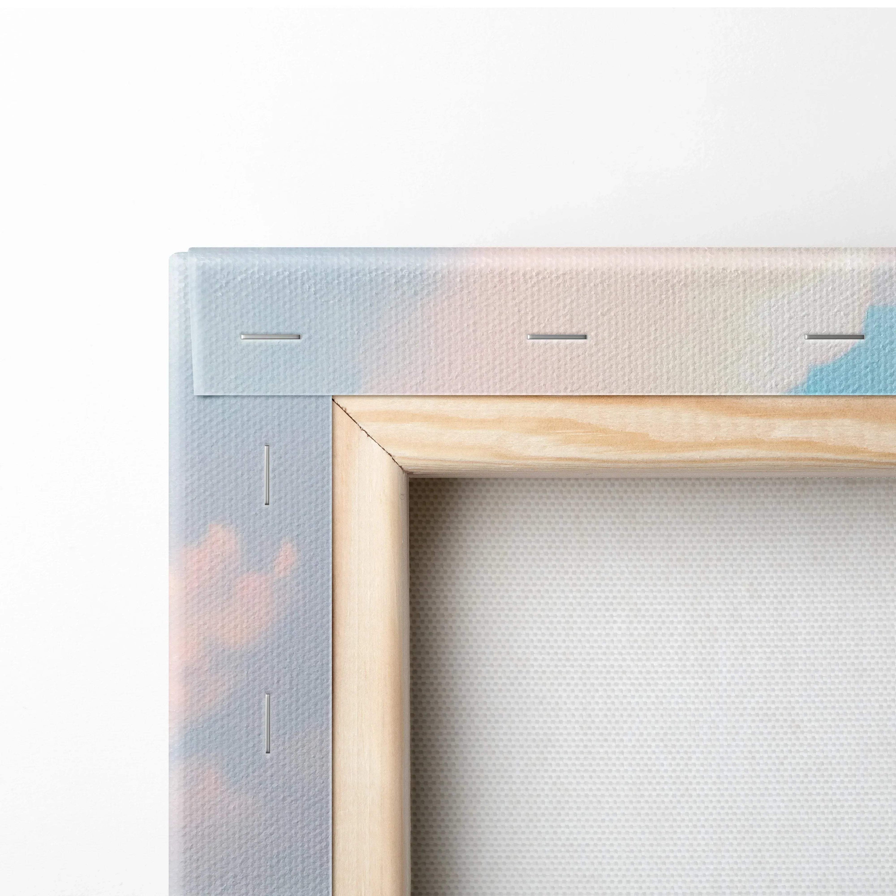 Close-up of wooden stretcher frame and canvas edge with pastel sky print, museum quality wall art canvas.