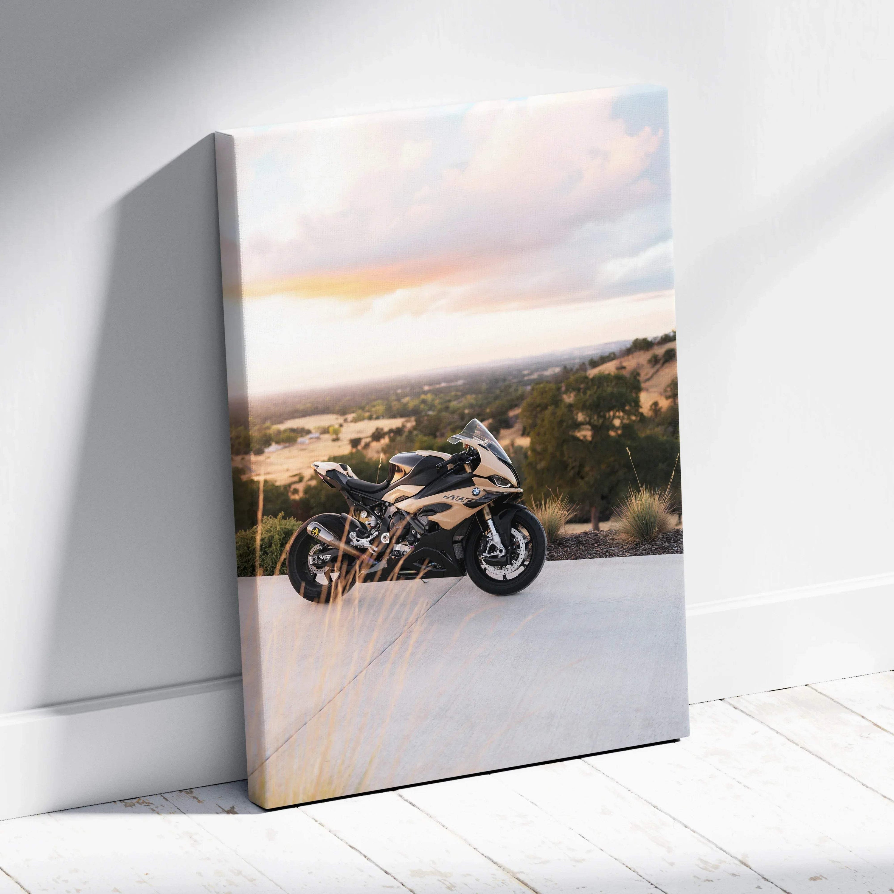 BMW S1000RR motorcycle on road at sunset canvas art wall decor in vertical orientation.