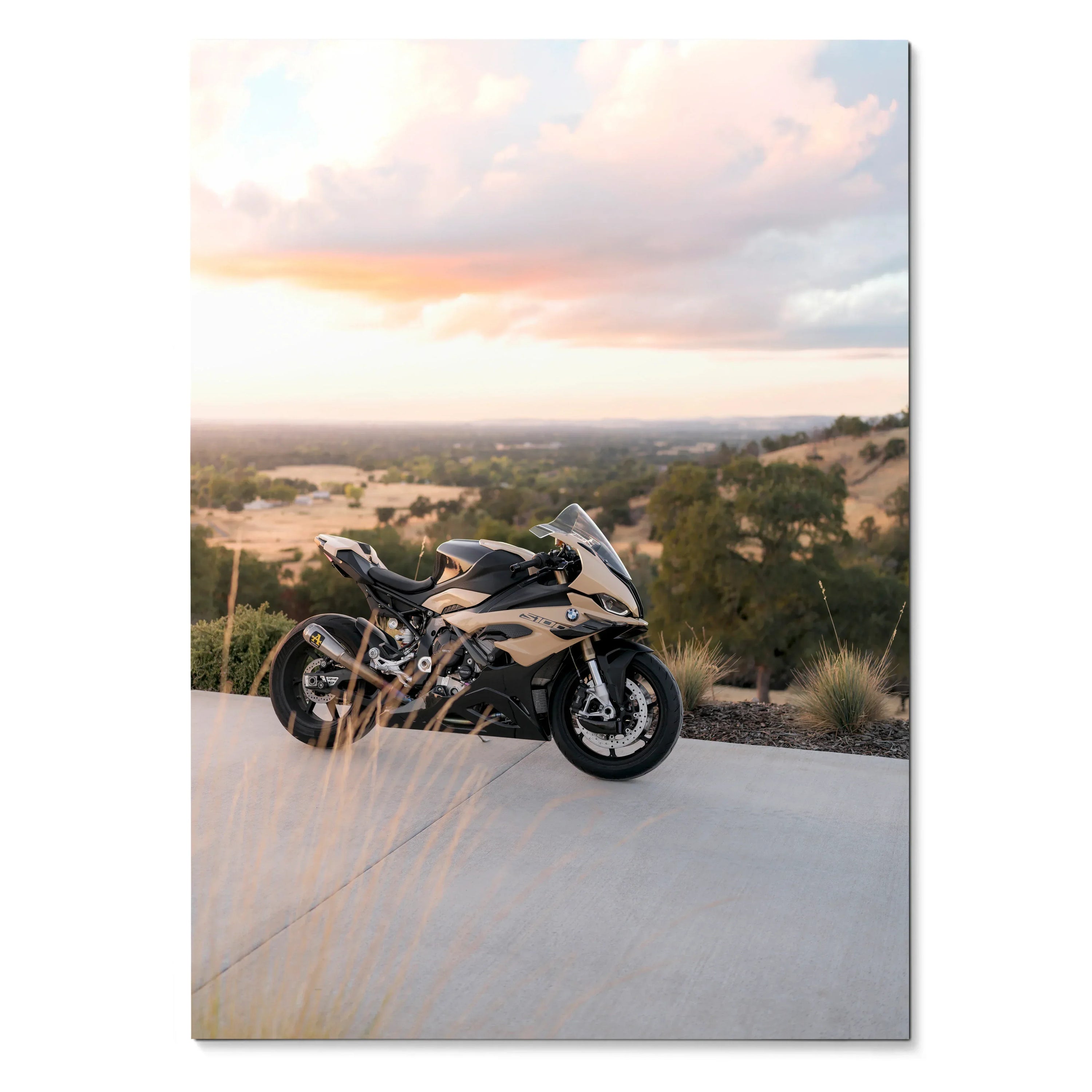 BMW S1000RR motorcycle parked on road with scenic outdoor background poster wall art.