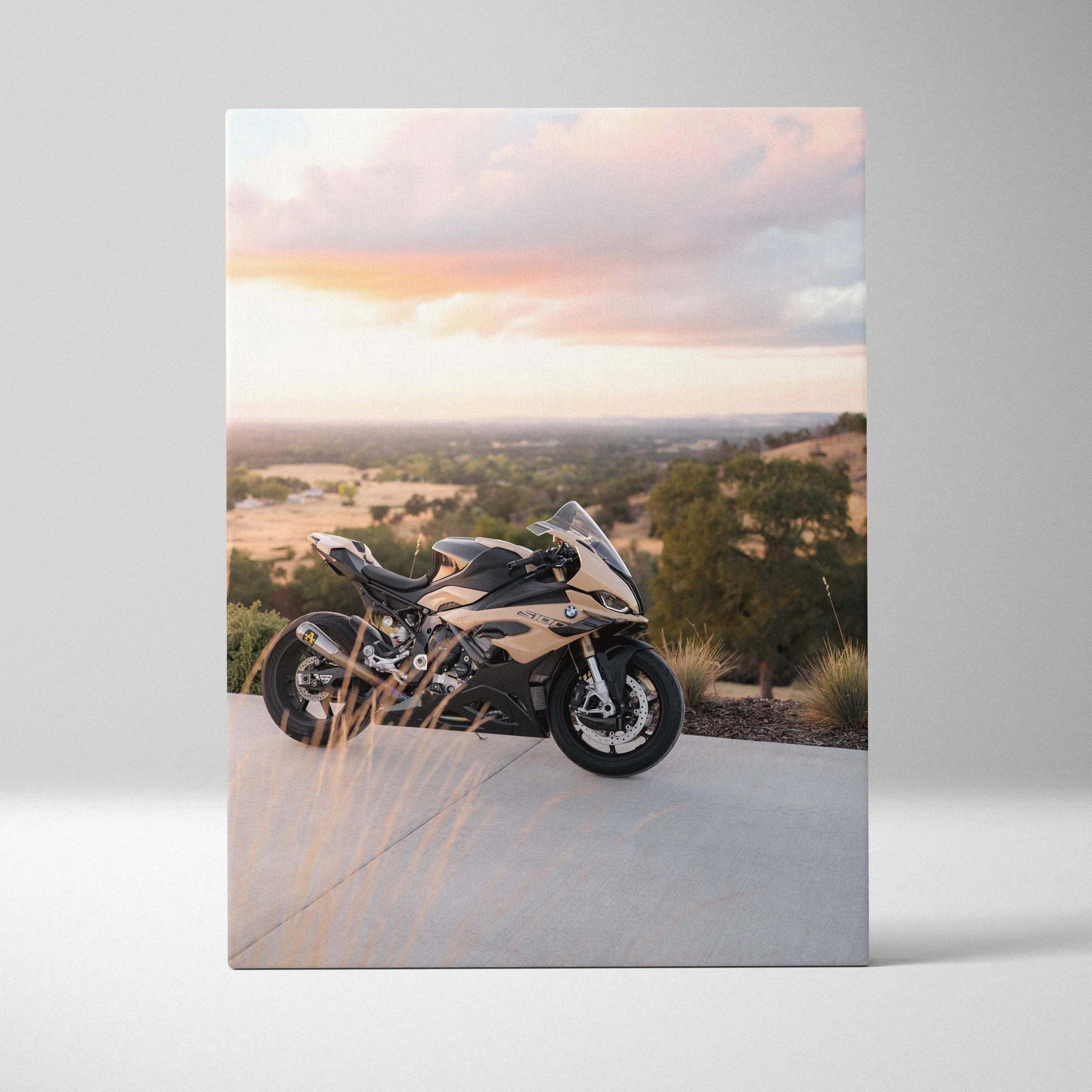 BMW S1000RR motorcycle canvas art with scenic sunset background, vertical wall art print.