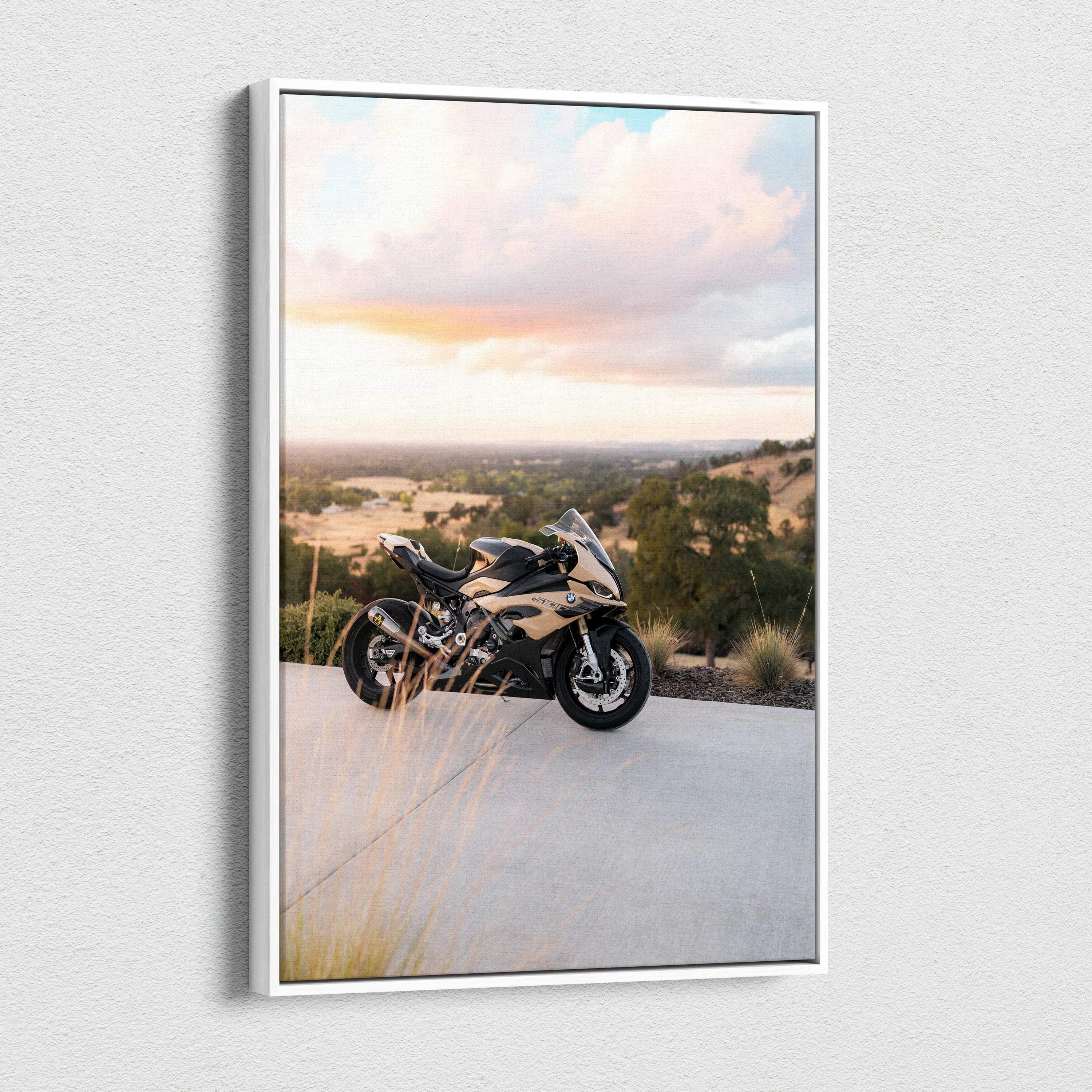 BMW S1000RR motorcycle canvas art with scenic sunset background, vertical wall art print.