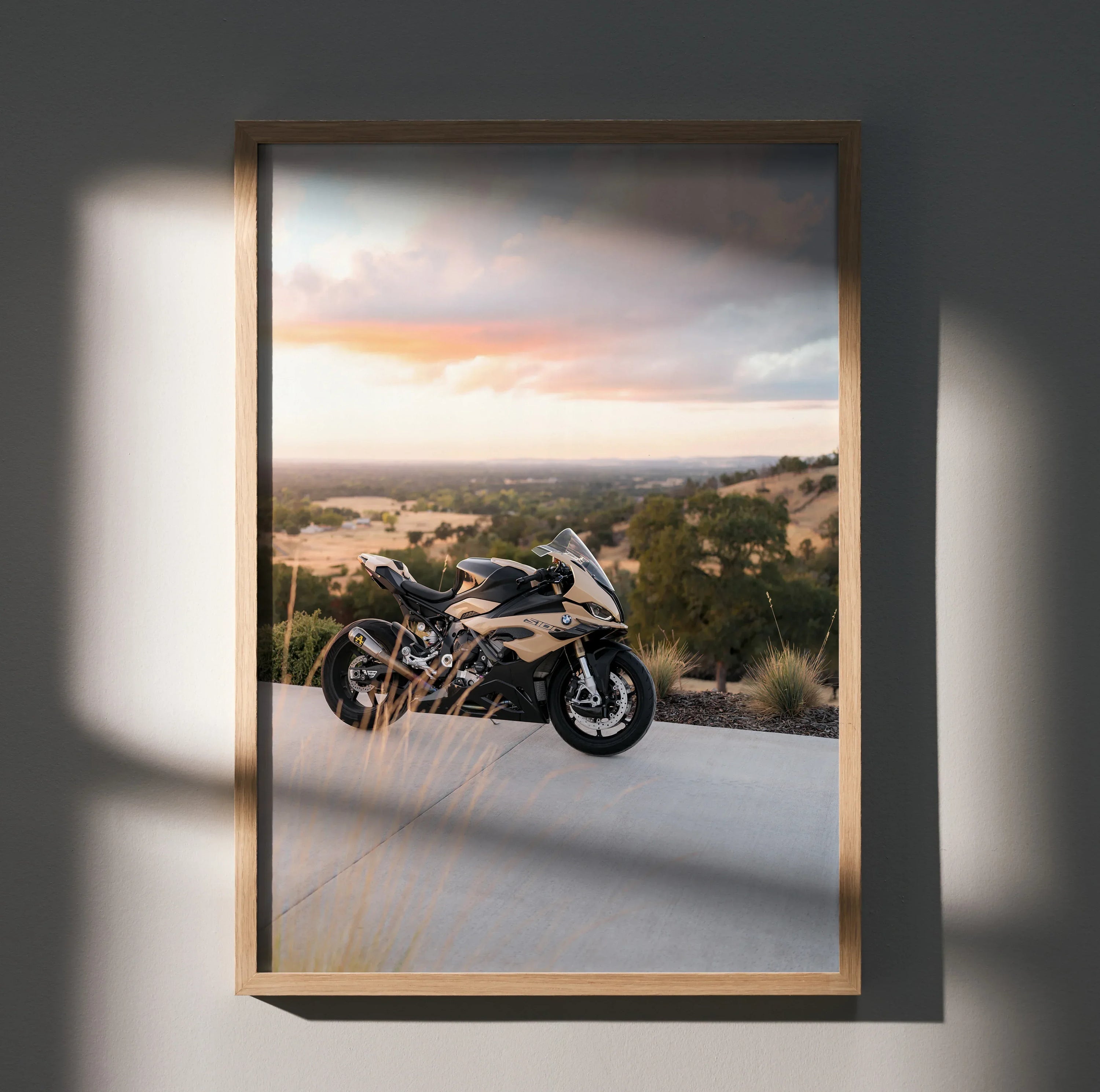 BMW S1000RR motorcycle poster with scenic sunset background, framed wall art.