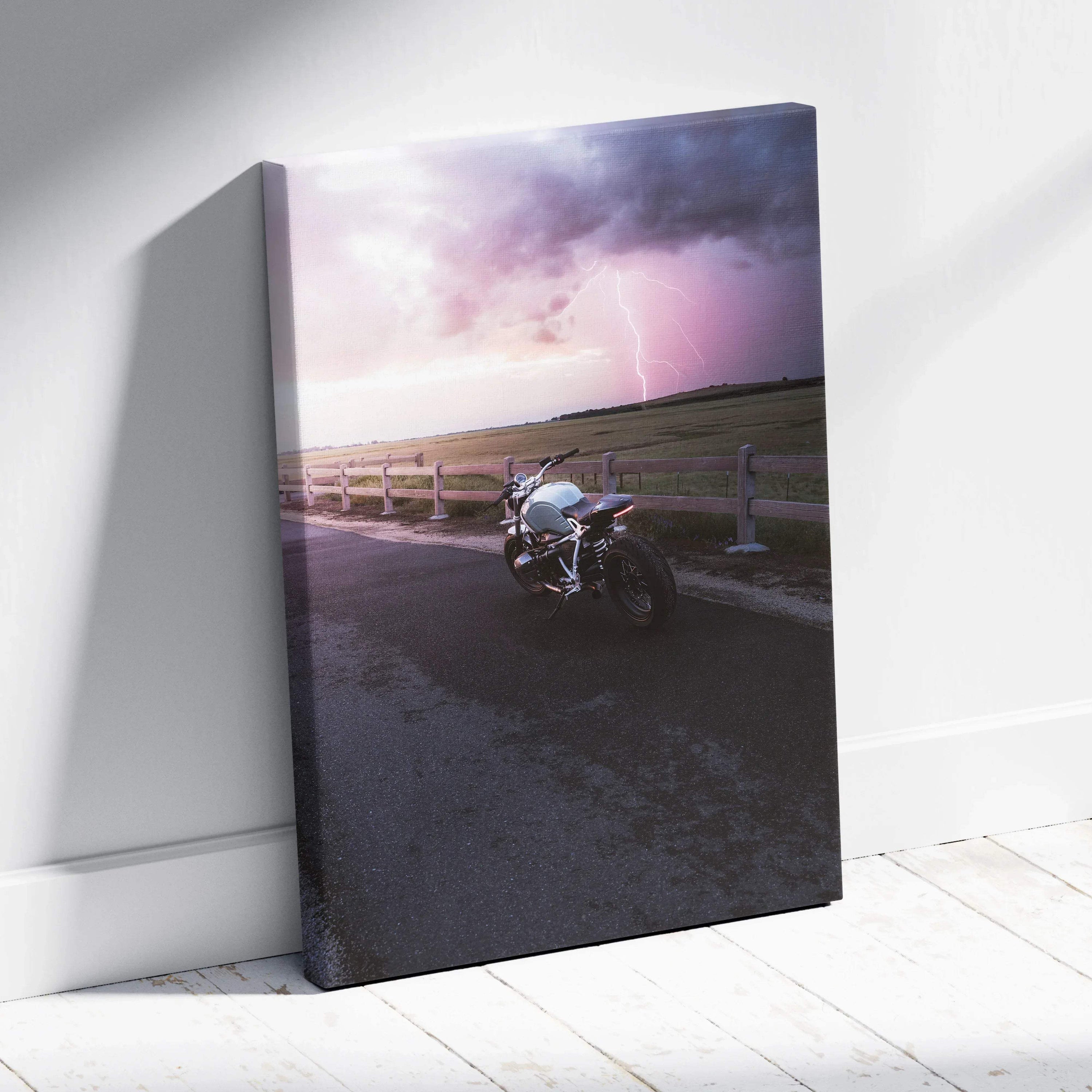 BMW R Nine T motorcycle on road at sunset with dramatic sky vertical canvas wall art.