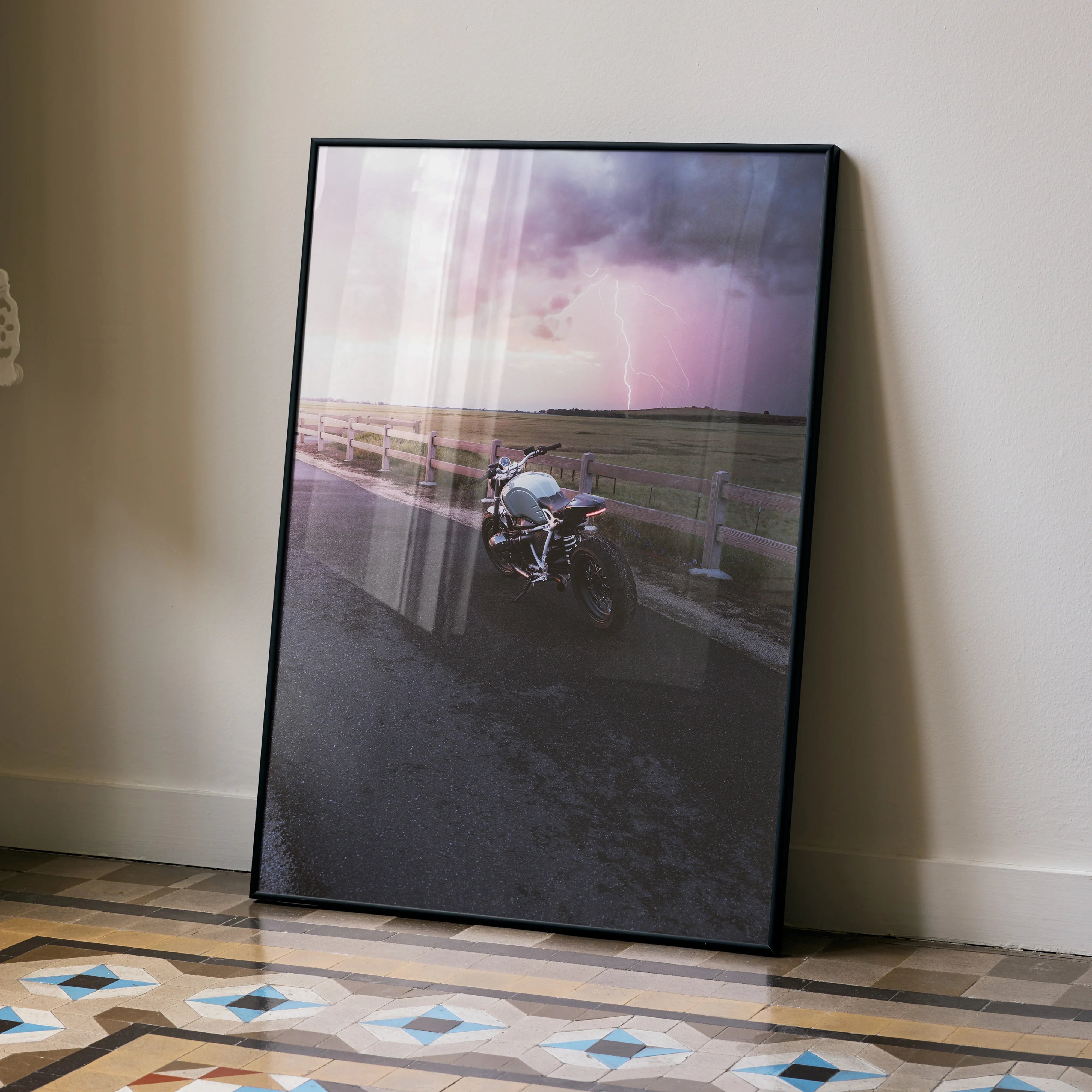 BMW R Nine T motorcycle poster with stormy sky, displayed as premium satin wall art.