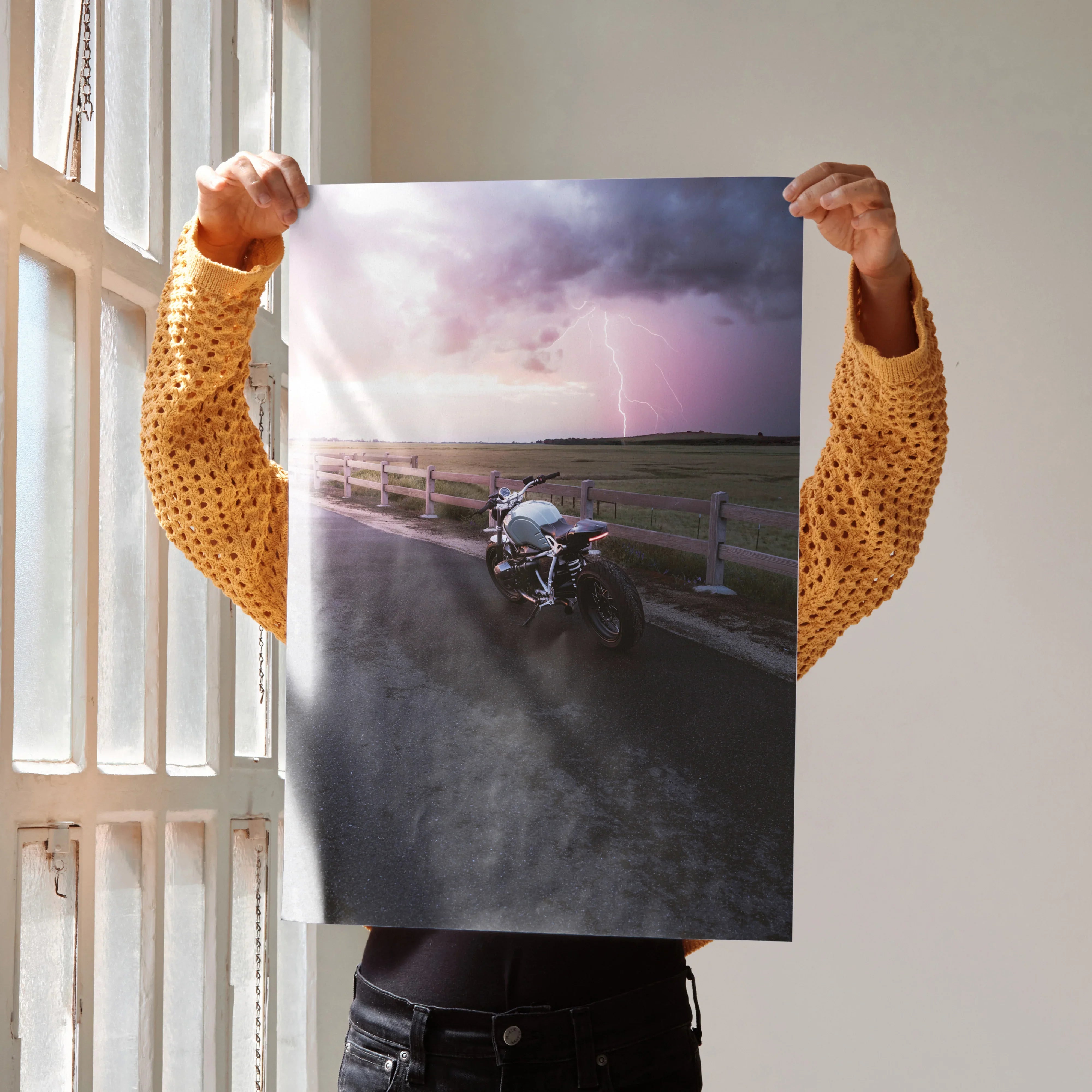 BMW R Nine T motorcycle poster with stormy sky and lightning, premium satin wall art.