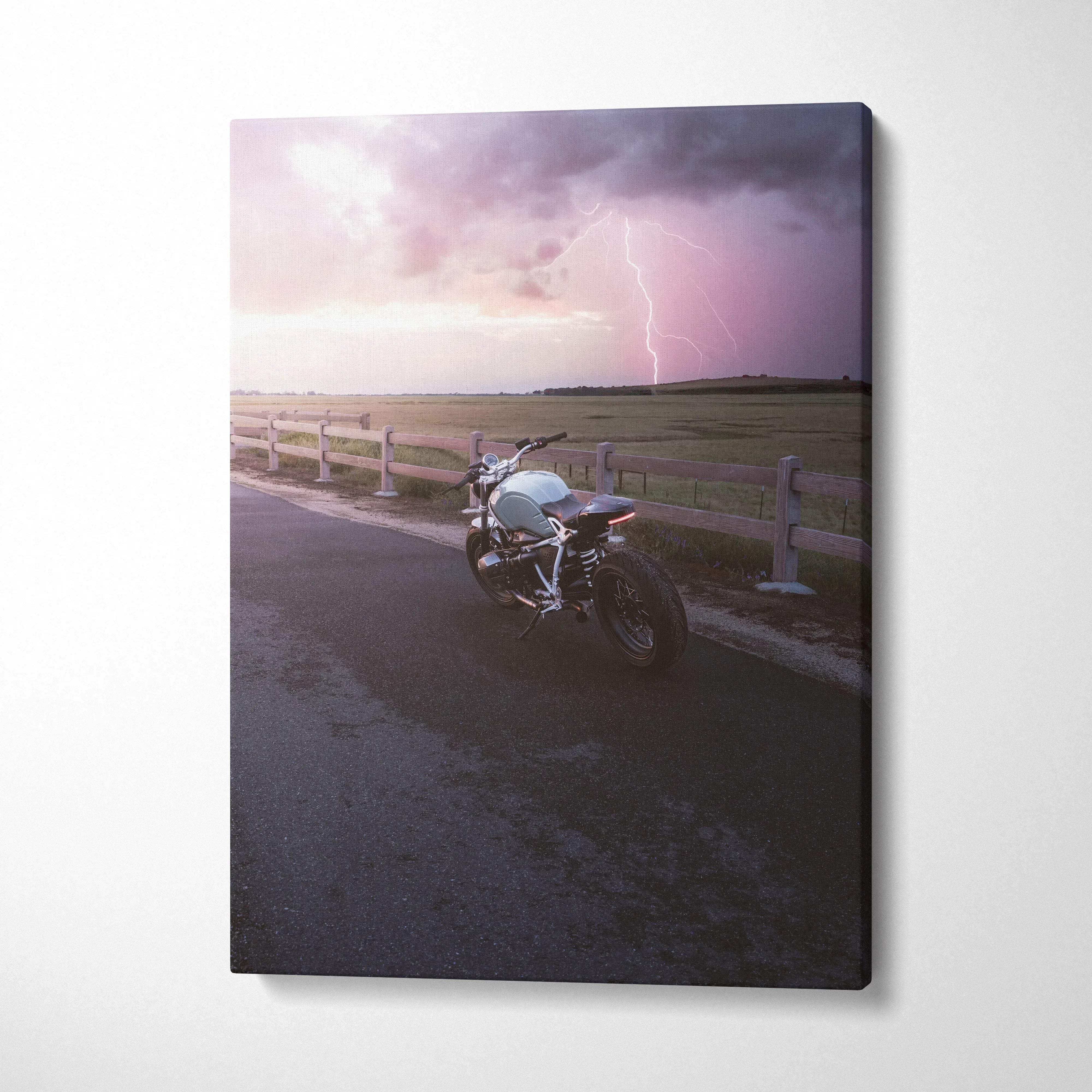BMW R Nine T motorcycle on road with lightning storm in background vertical canvas wall art.