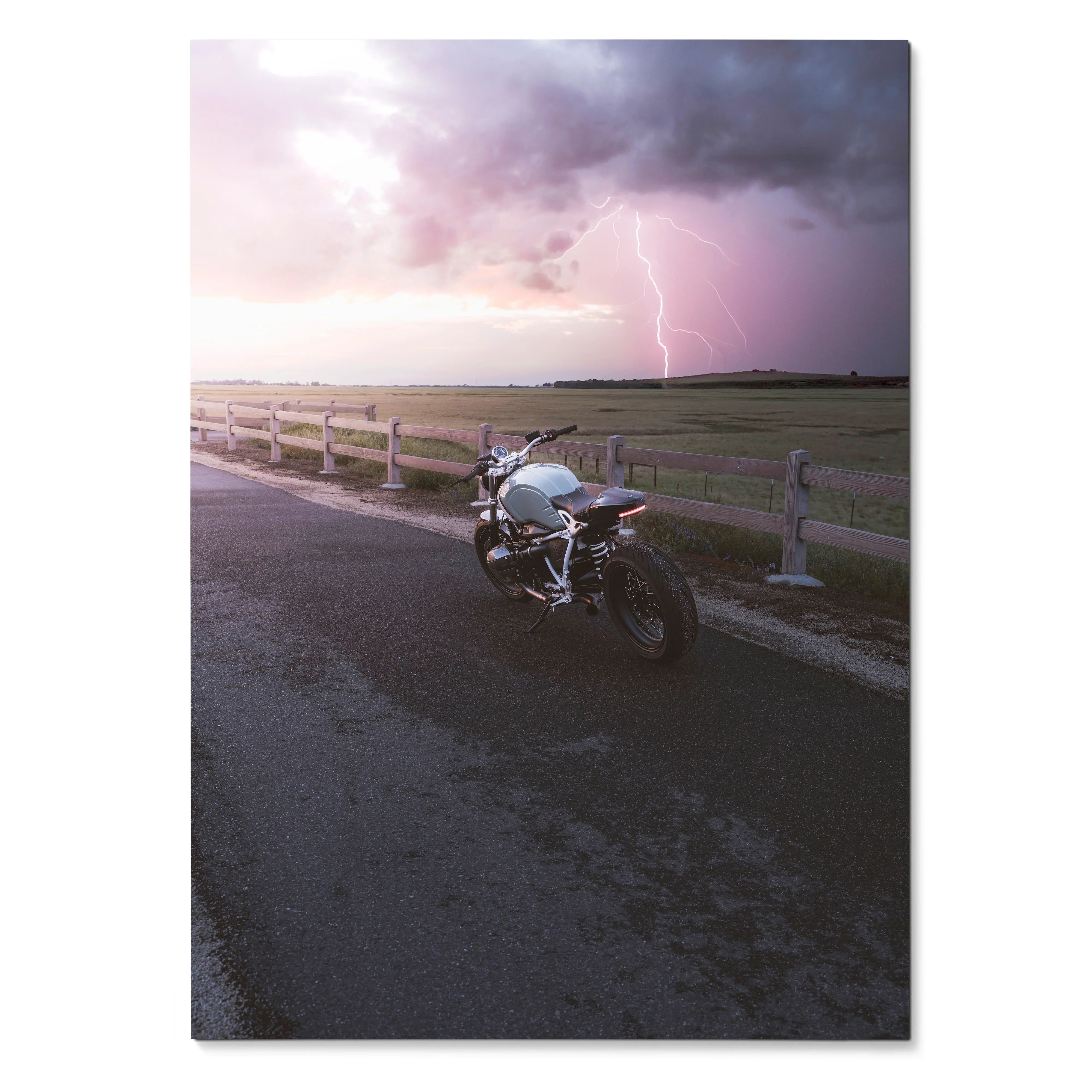 BMW R Nine T motorcycle on road with dramatic lightning sky poster wall art.