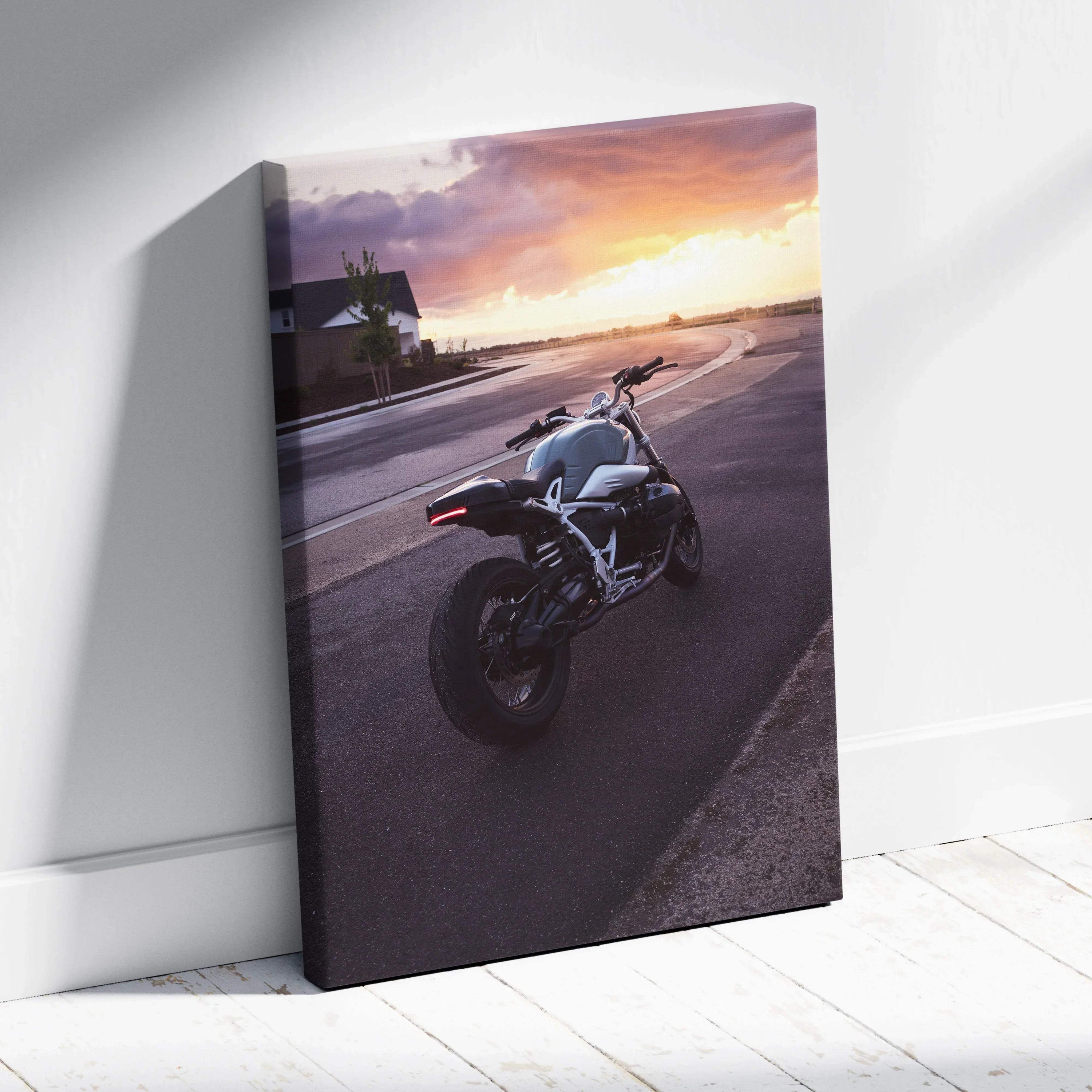 BMW R Nine T motorcycle canvas wall art with sunset background in vertical format.