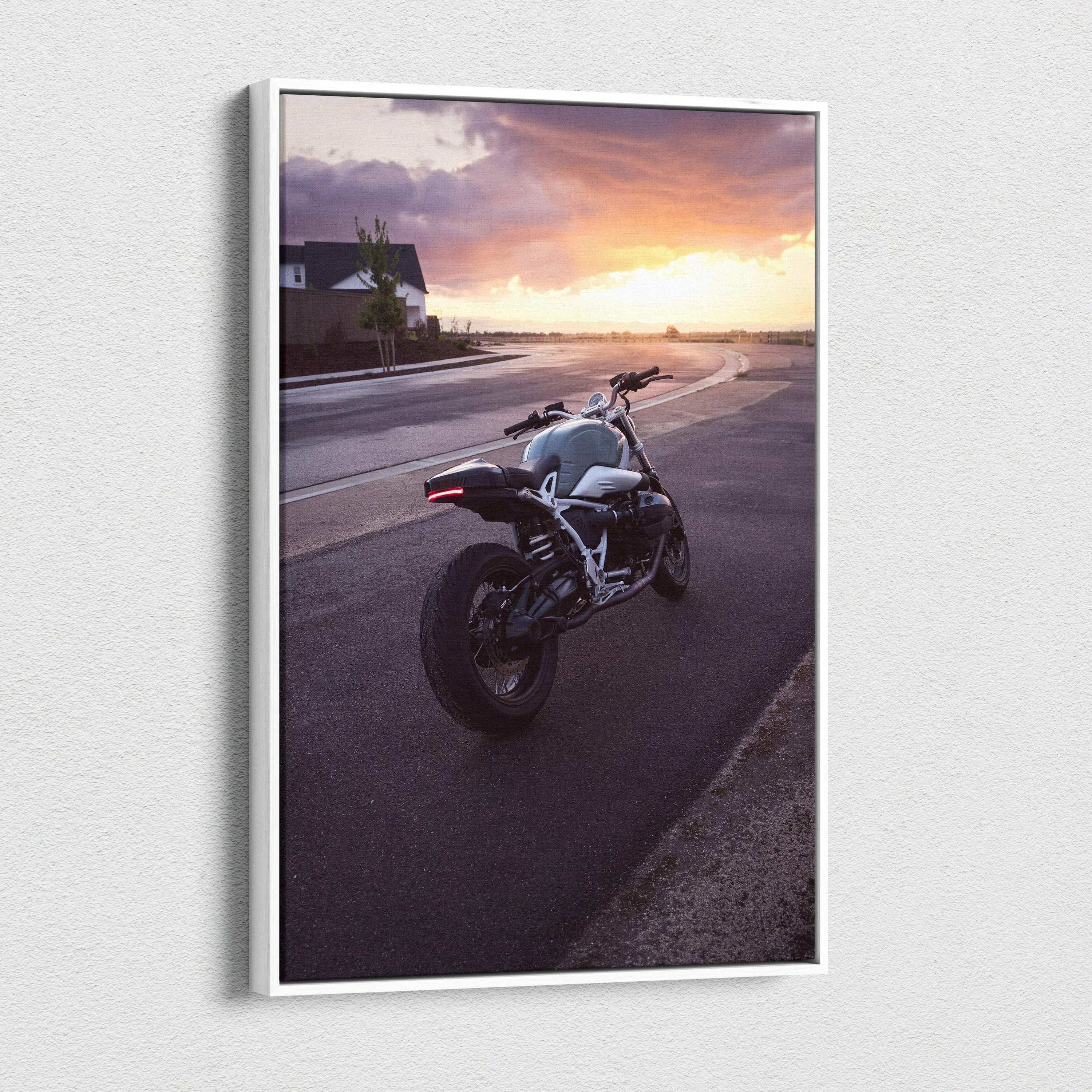 BMW R Nine T motorcycle at sunset on vertical canvas wall art with high-resolution detail.