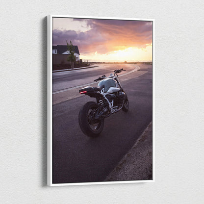 BMW R Nine T motorcycle at sunset on vertical canvas wall art with high-resolution detail.