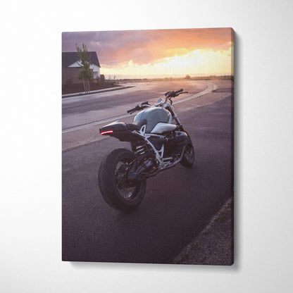 BMW R Nine T motorcycle at sunset on vertical canvas wall art.