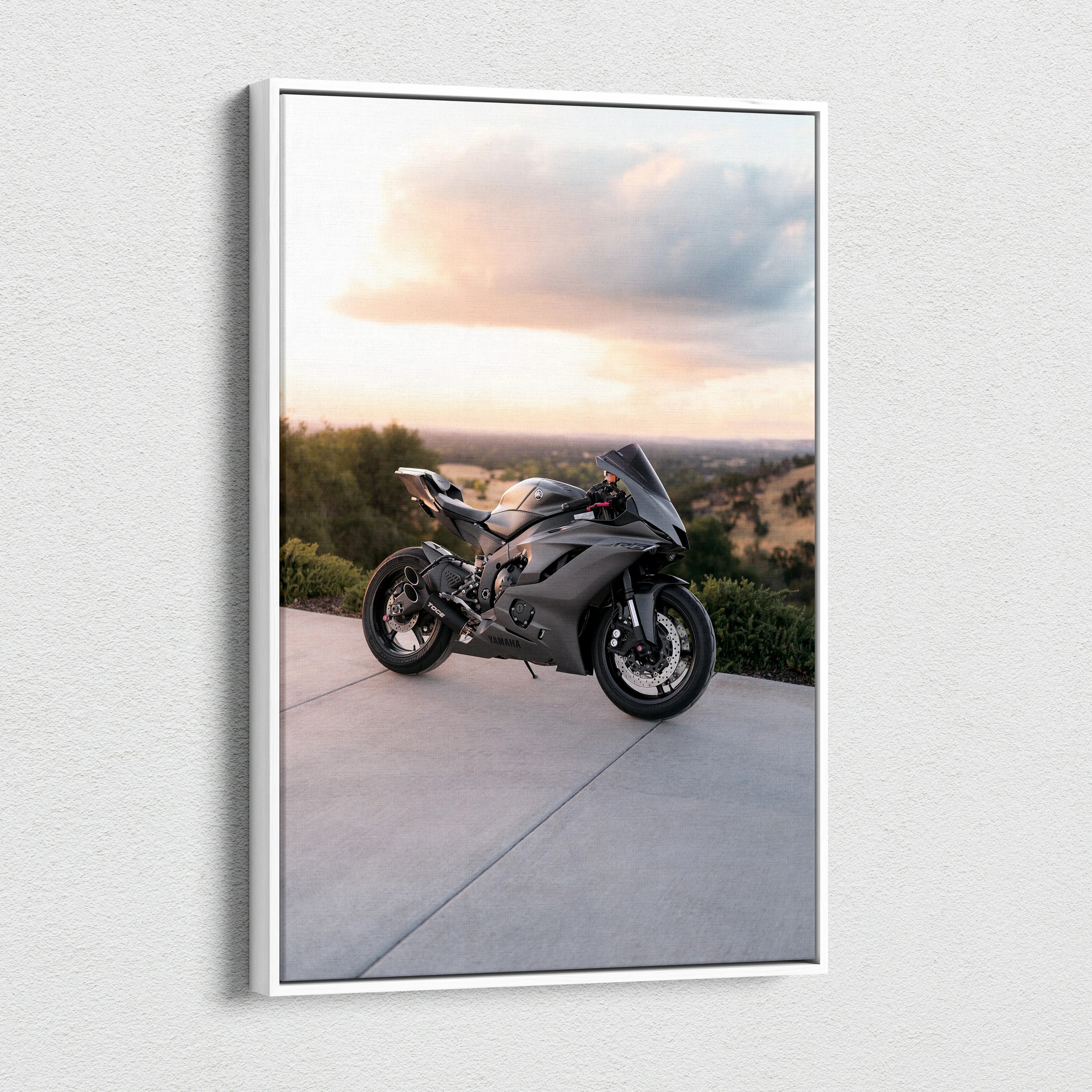 Yamaha R6 motorcycle black sportbike canvas art with scenic sunset background wall art.