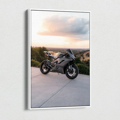 Yamaha R6 motorcycle black sportbike canvas art with scenic sunset background wall art.