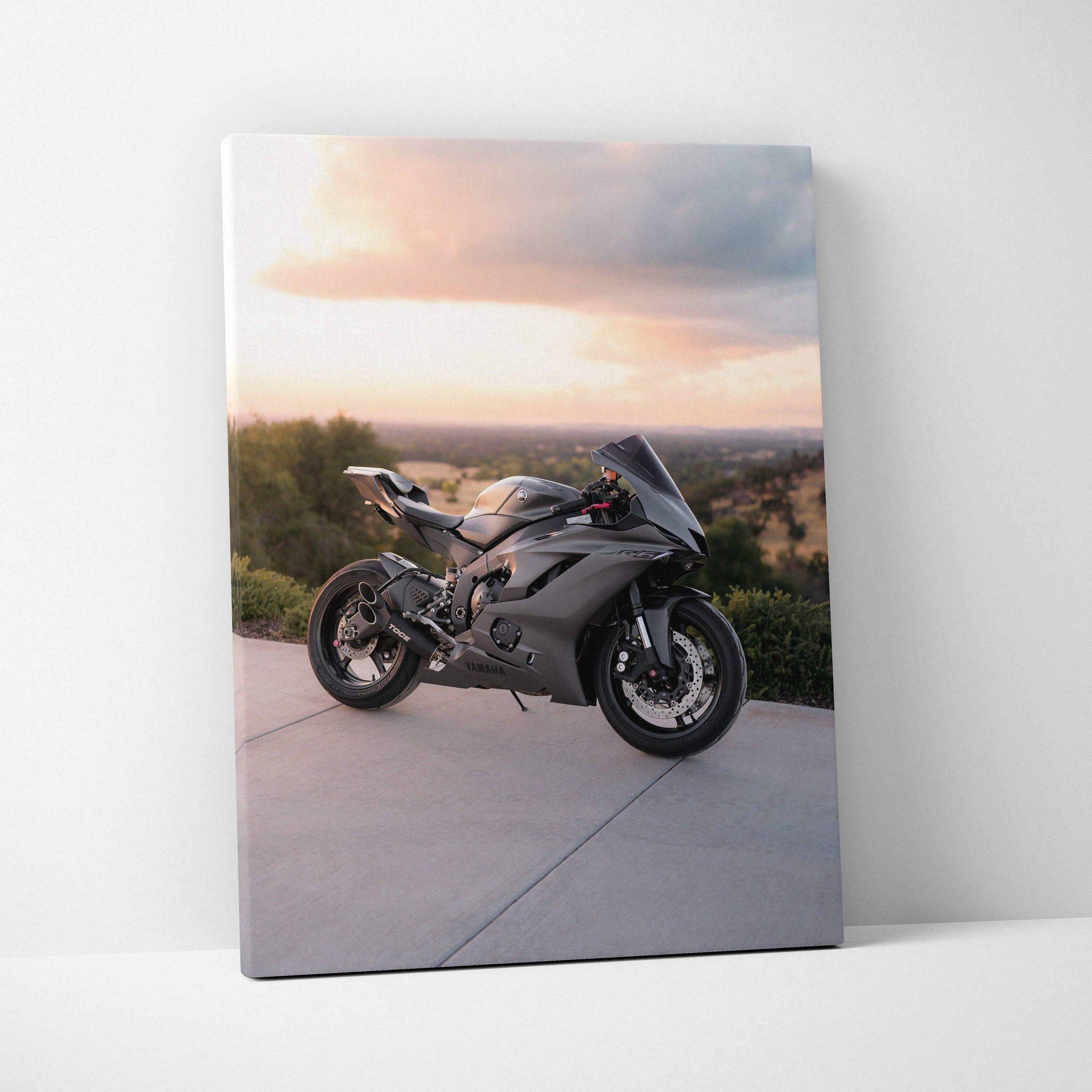 Yamaha R6 motorcycle canvas art with sunset backdrop, vertical wall art print.
