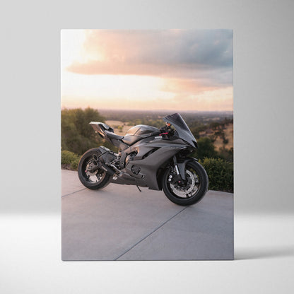 Yamaha R6 sport motorcycle wall art canvas print with sunset background.