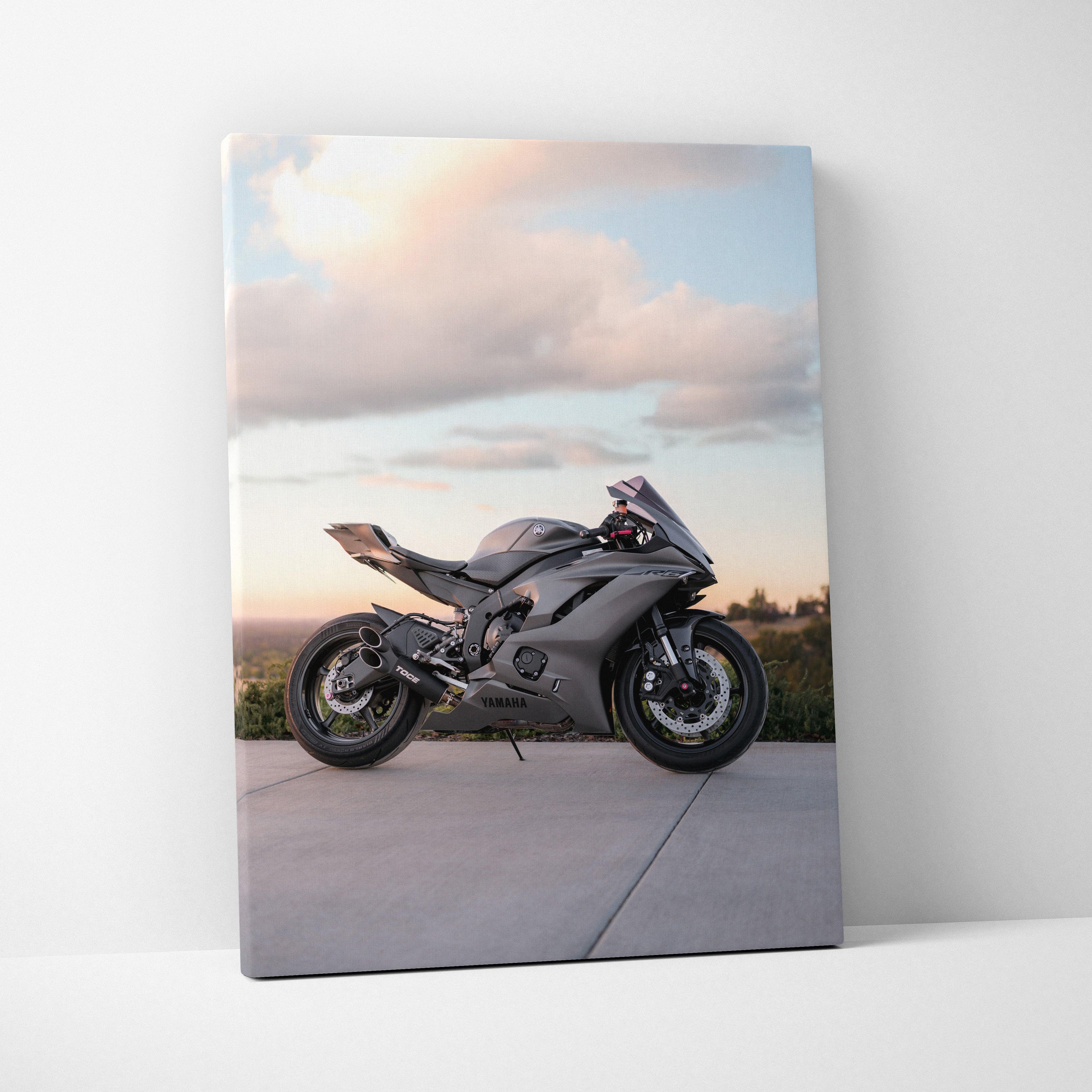 Yamaha R6 motorcycle canvas art with sunset sky background vertical wall art print.