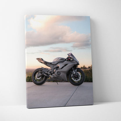 Yamaha R6 motorcycle canvas art with sunset sky background vertical wall art print.