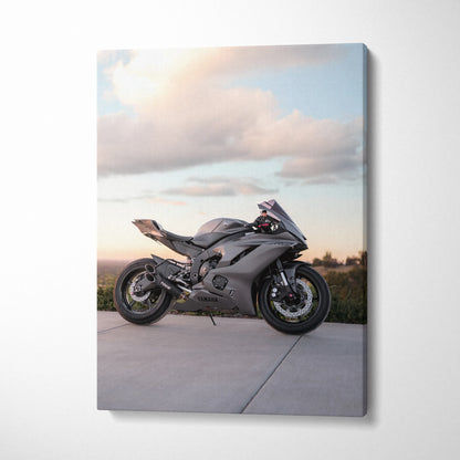 Yamaha R6 black sport motorcycle canvas wall art with sunset sky background.