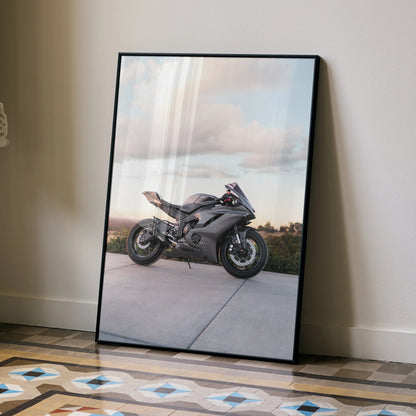 Yamaha R6 motorcycle black sports bike poster leaning on wall, modern wall art.